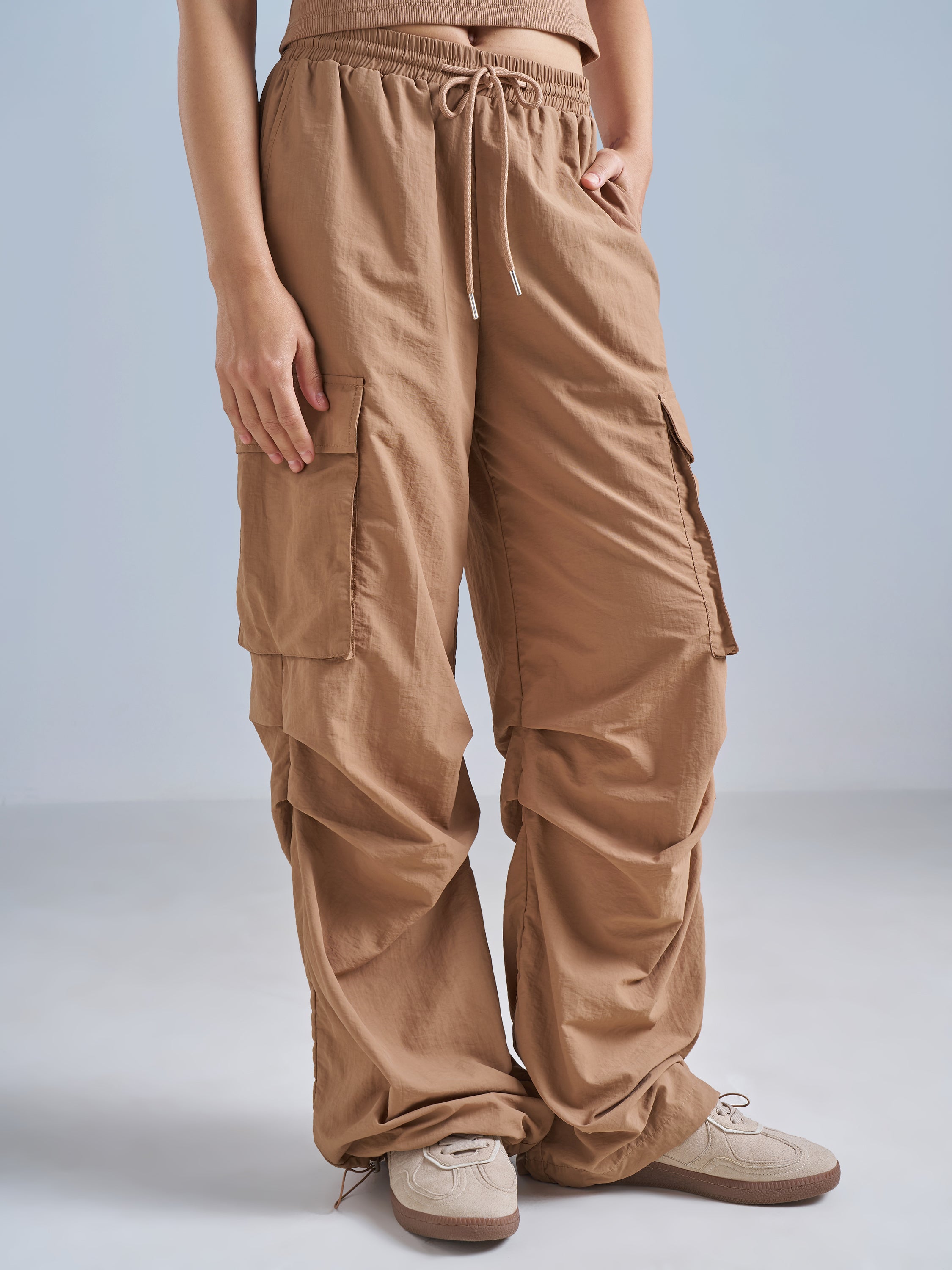 Street By Tokyo Talkies Women Brown Solid Loose Fit Cargos - Brown - Image 1