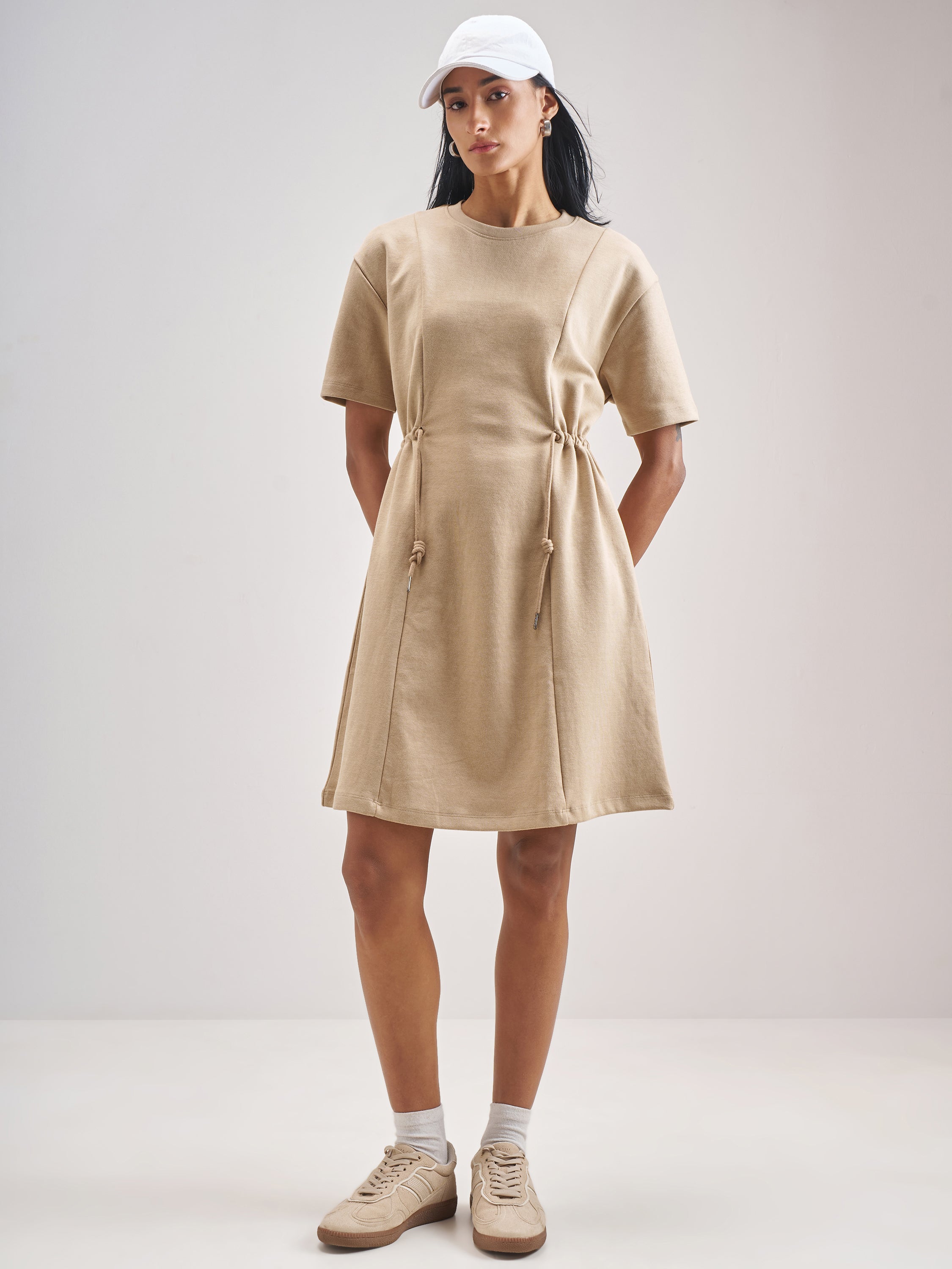 Street By Tokyo Talkies Women Beige Solid Fit And Flare Dress - Beige - Image 2