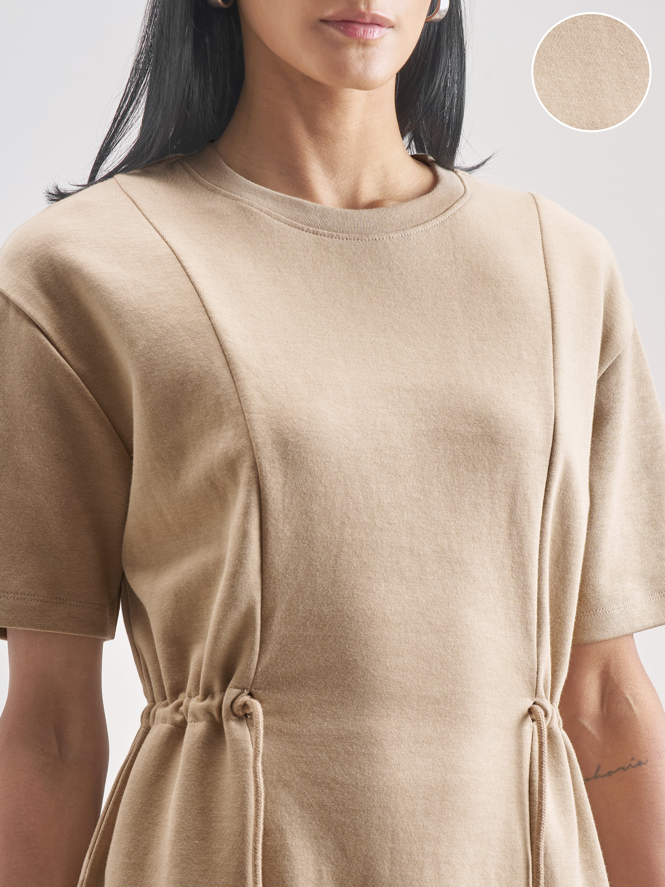 Street By Tokyo Talkies Women Beige Solid Fit And Flare Dress - Beige - Image 5