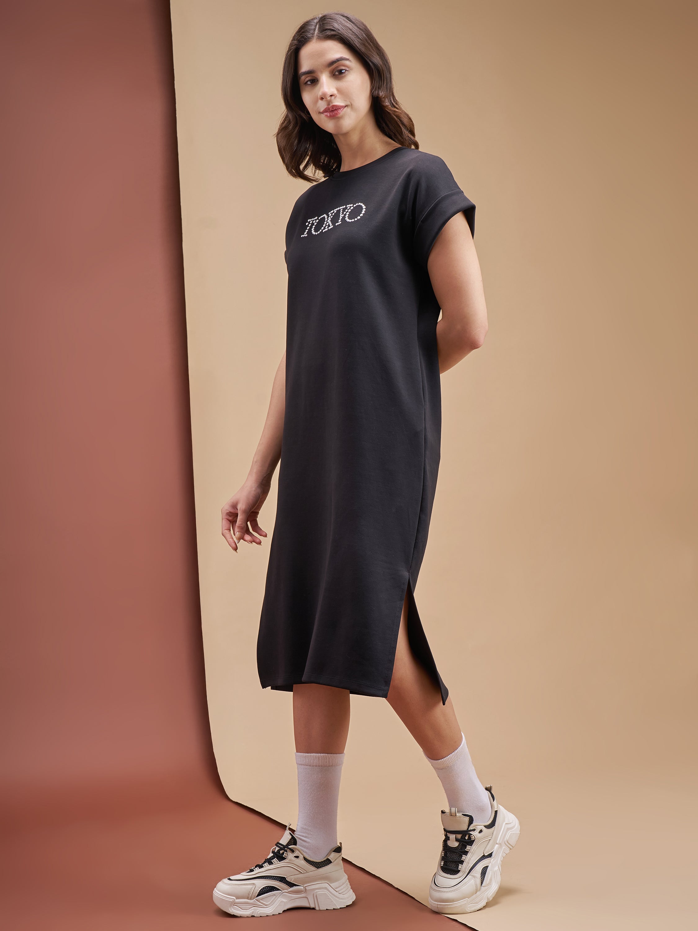 Street By Tokyo Talkies Women Black Solid T-shirt Dress - Black - Image 2