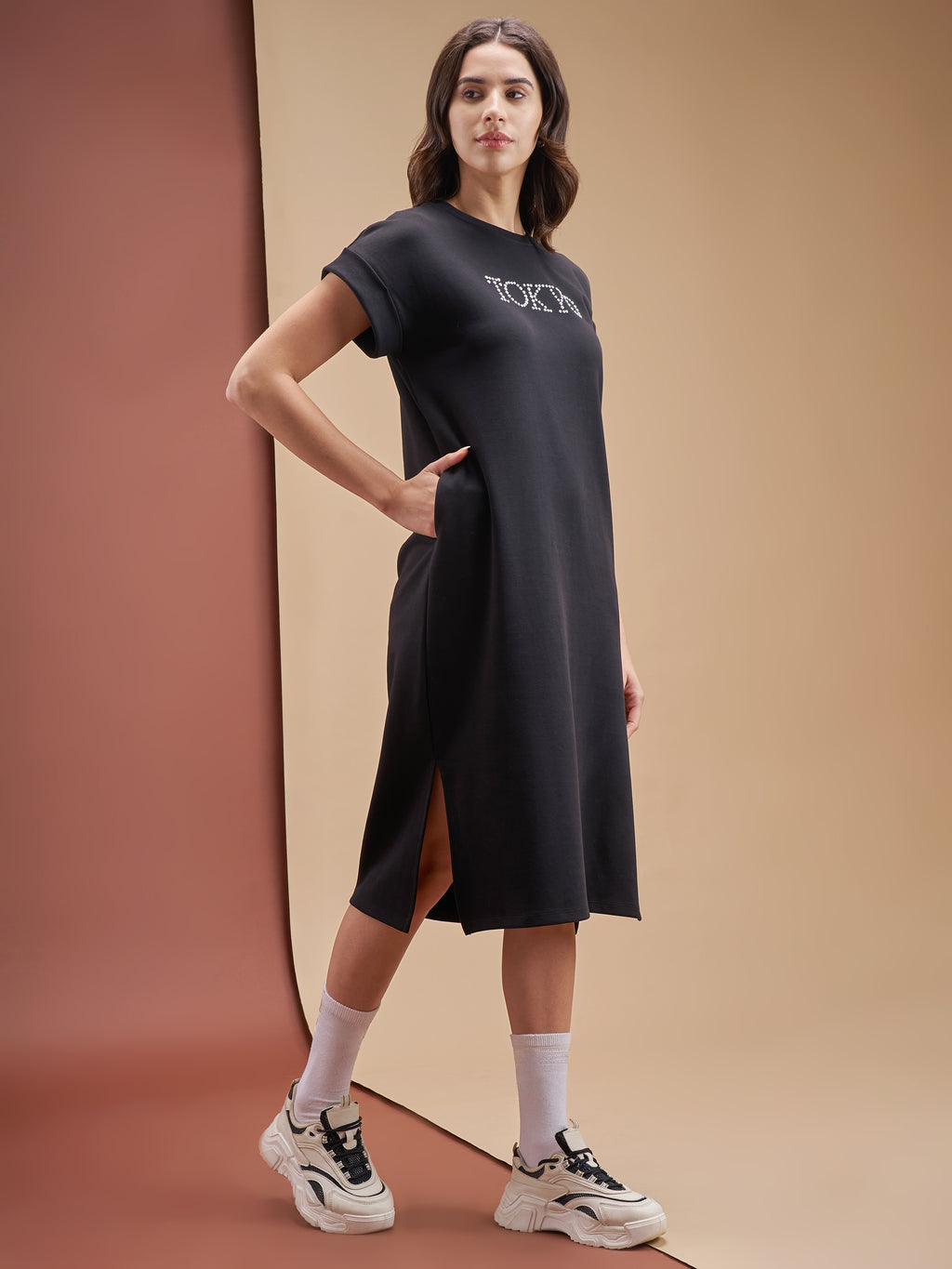 Street By Tokyo Talkies Women Black Solid T-shirt Dress - Black - Image 4
