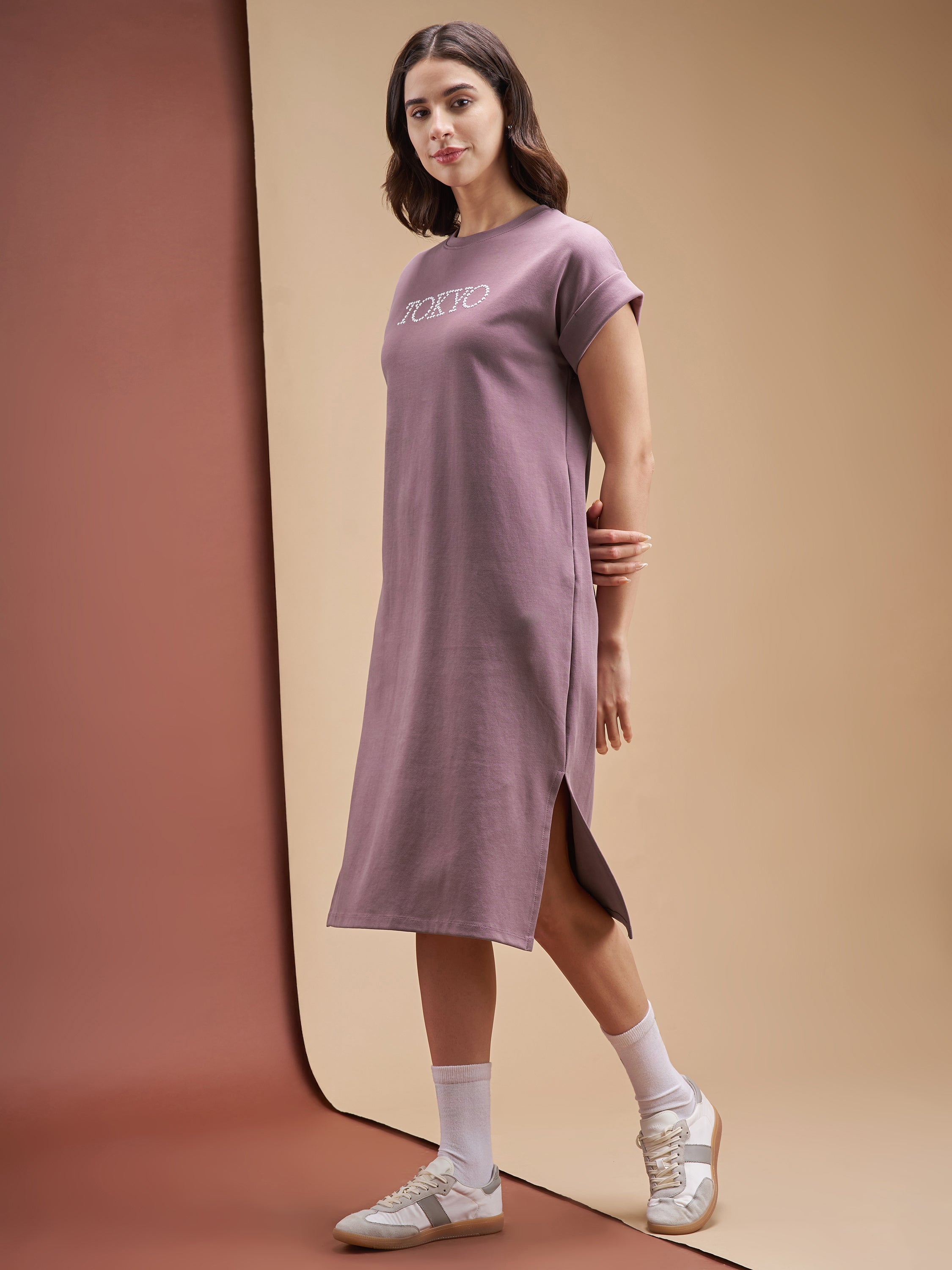 Street By Tokyo Talkies Women Purple Solid T-shirt Dress - Purple - Image 2