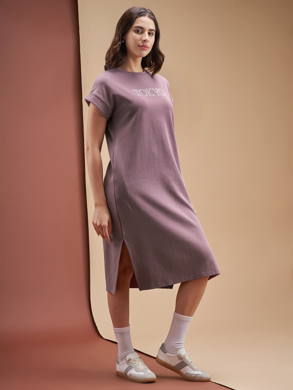 Street By Tokyo Talkies Women Purple Solid T-shirt Dress - Purple - Image 4