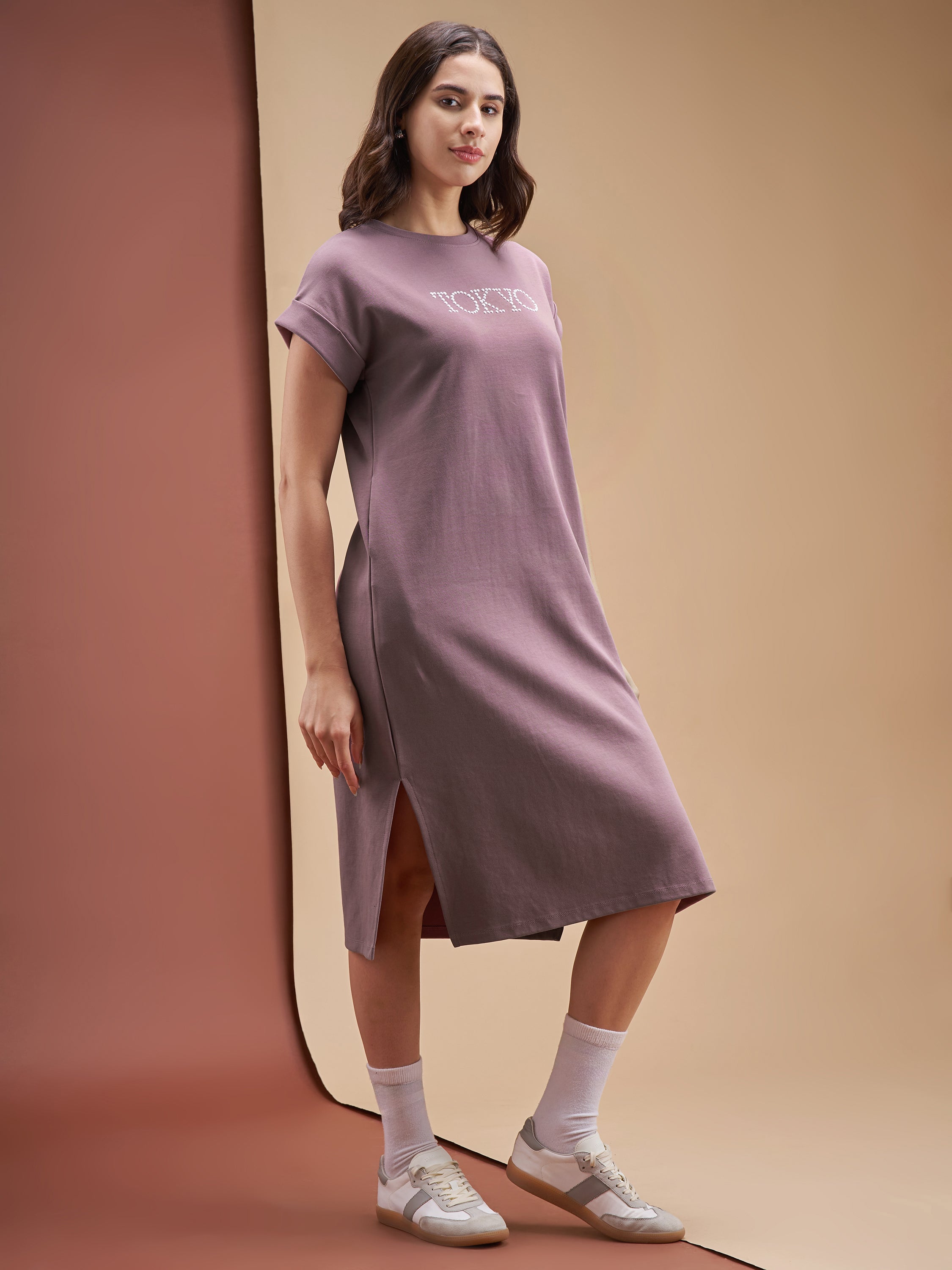 Street By Tokyo Talkies Women Purple Solid T-shirt Dress - Purple - Image 4
