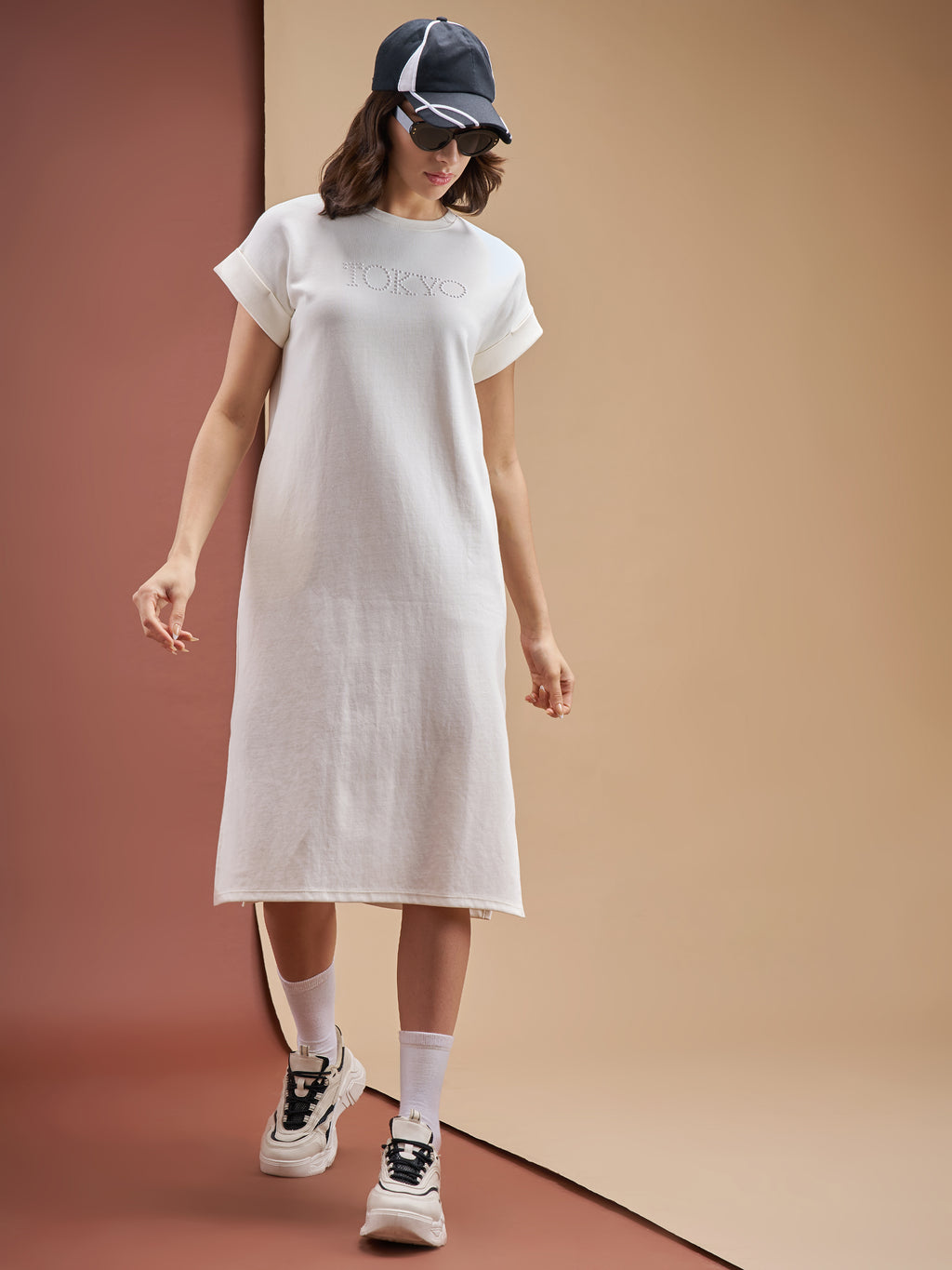 Street By Tokyo Talkies Women Off White Solid T-shirt Dress - Off White - Image 1
