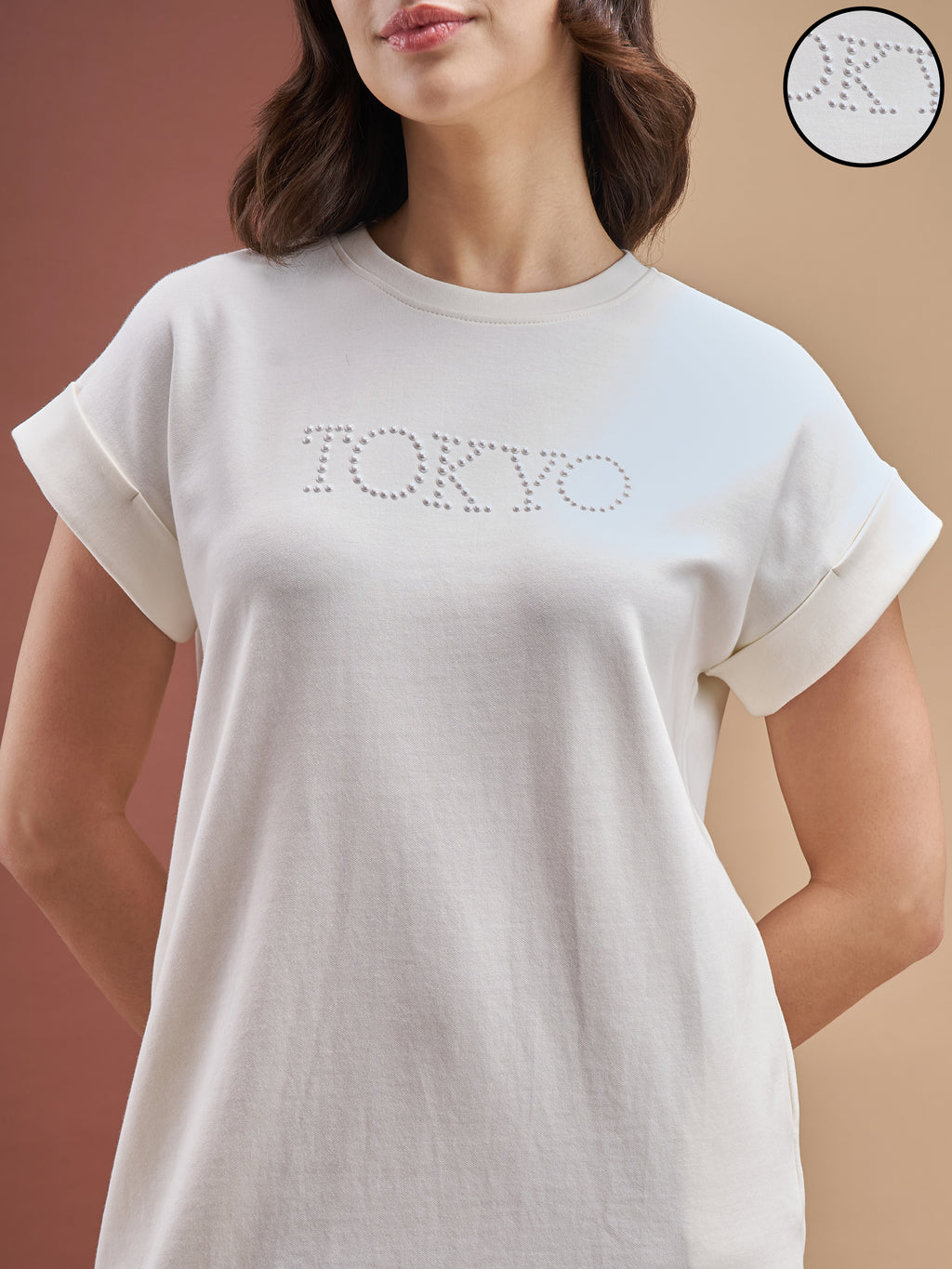 Street By Tokyo Talkies Women Off White Solid T-shirt Dress - Off White - Image 5