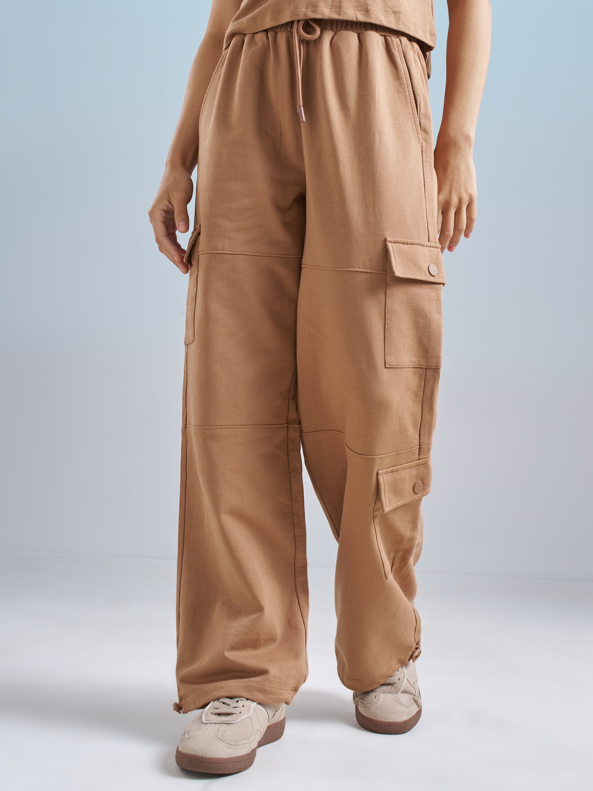 Street By Tokyo Talkies Women Brown Solid Relaxed Fit Cargos - Brown - Image 1