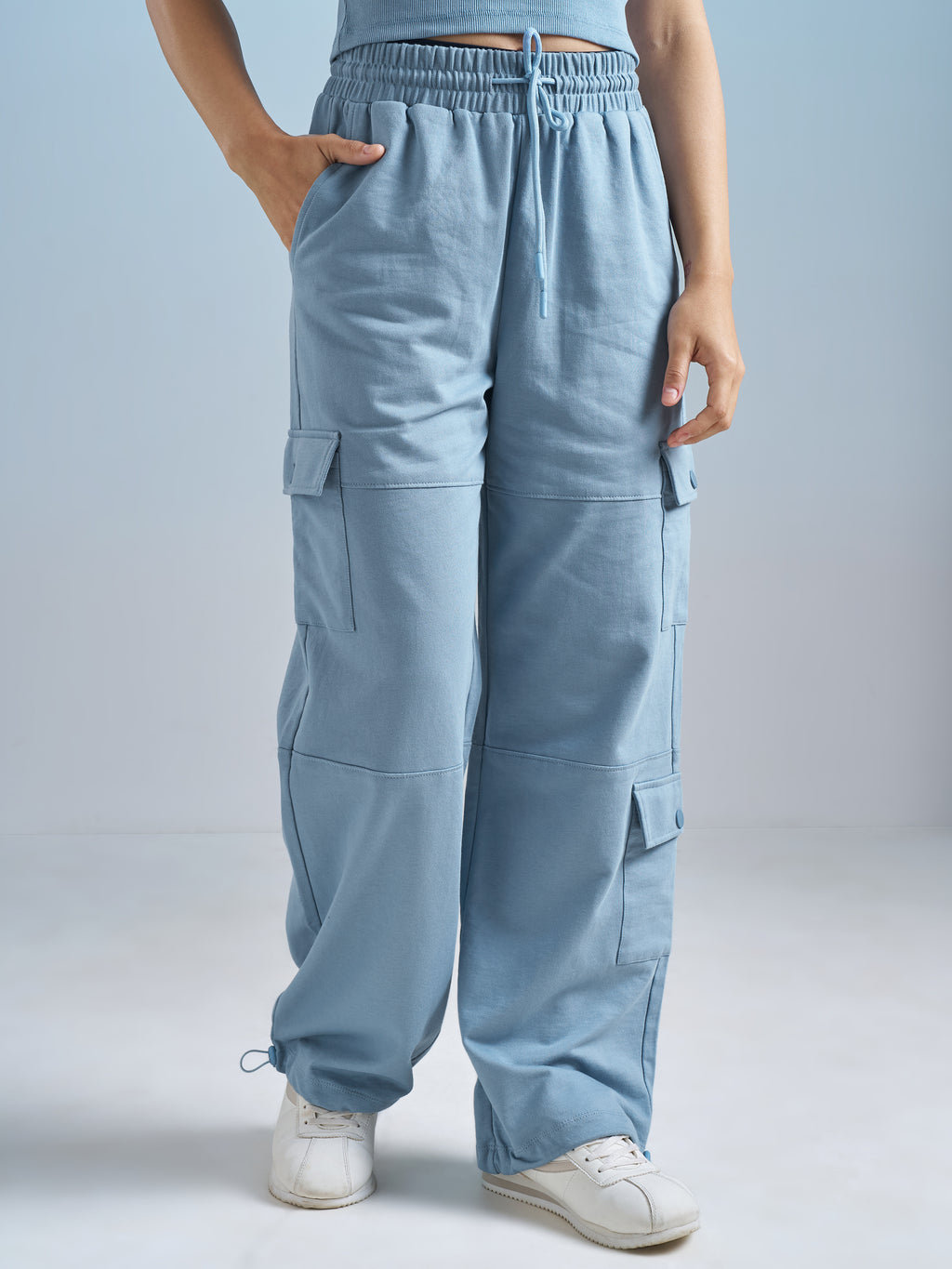Street By Tokyo Talkies Women Blue Solid Relaxed Fit Cargos - Blue - Image 1