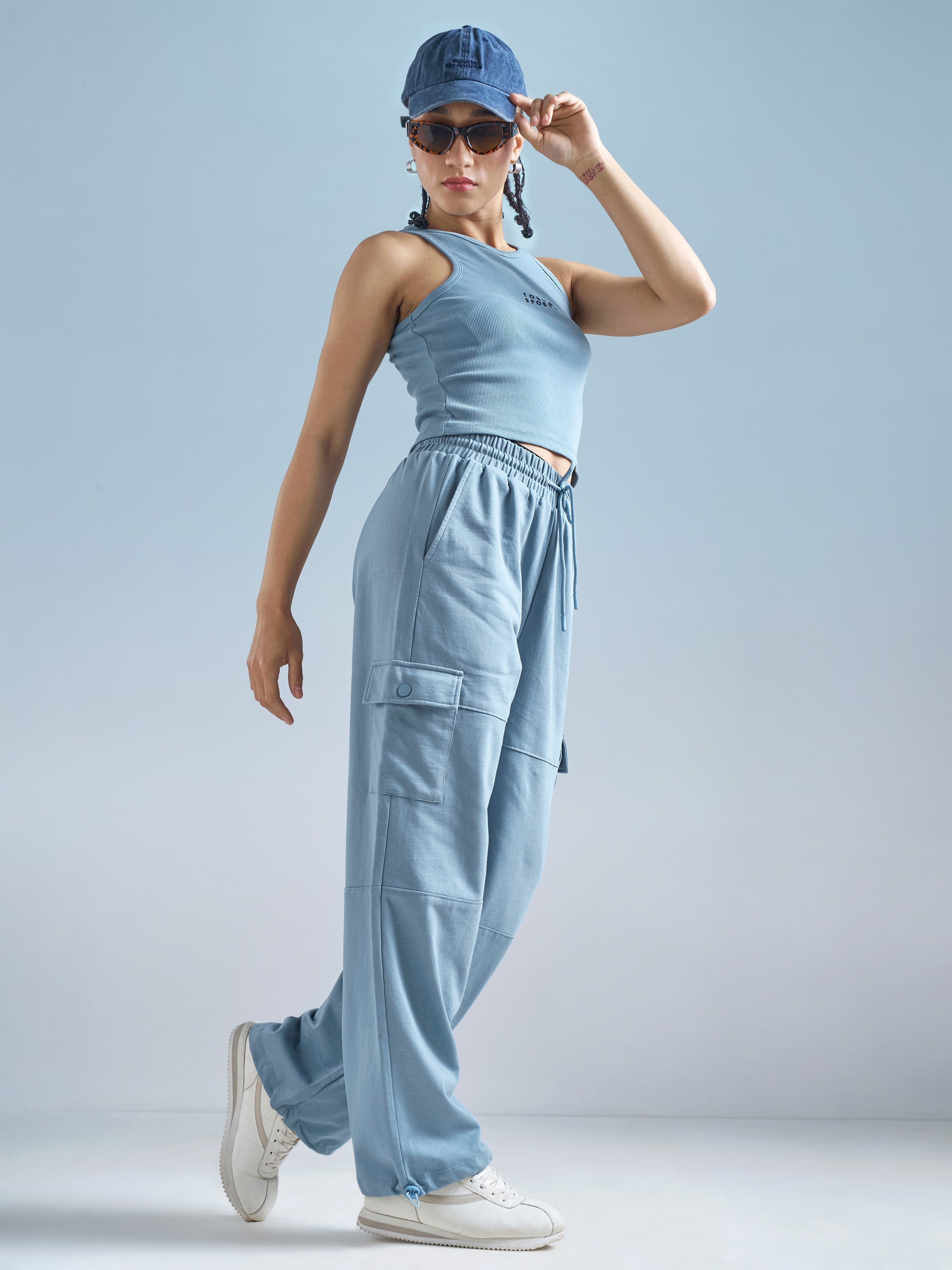 Street By Tokyo Talkies Women Blue Solid Relaxed Fit Cargos - Blue - Image 2