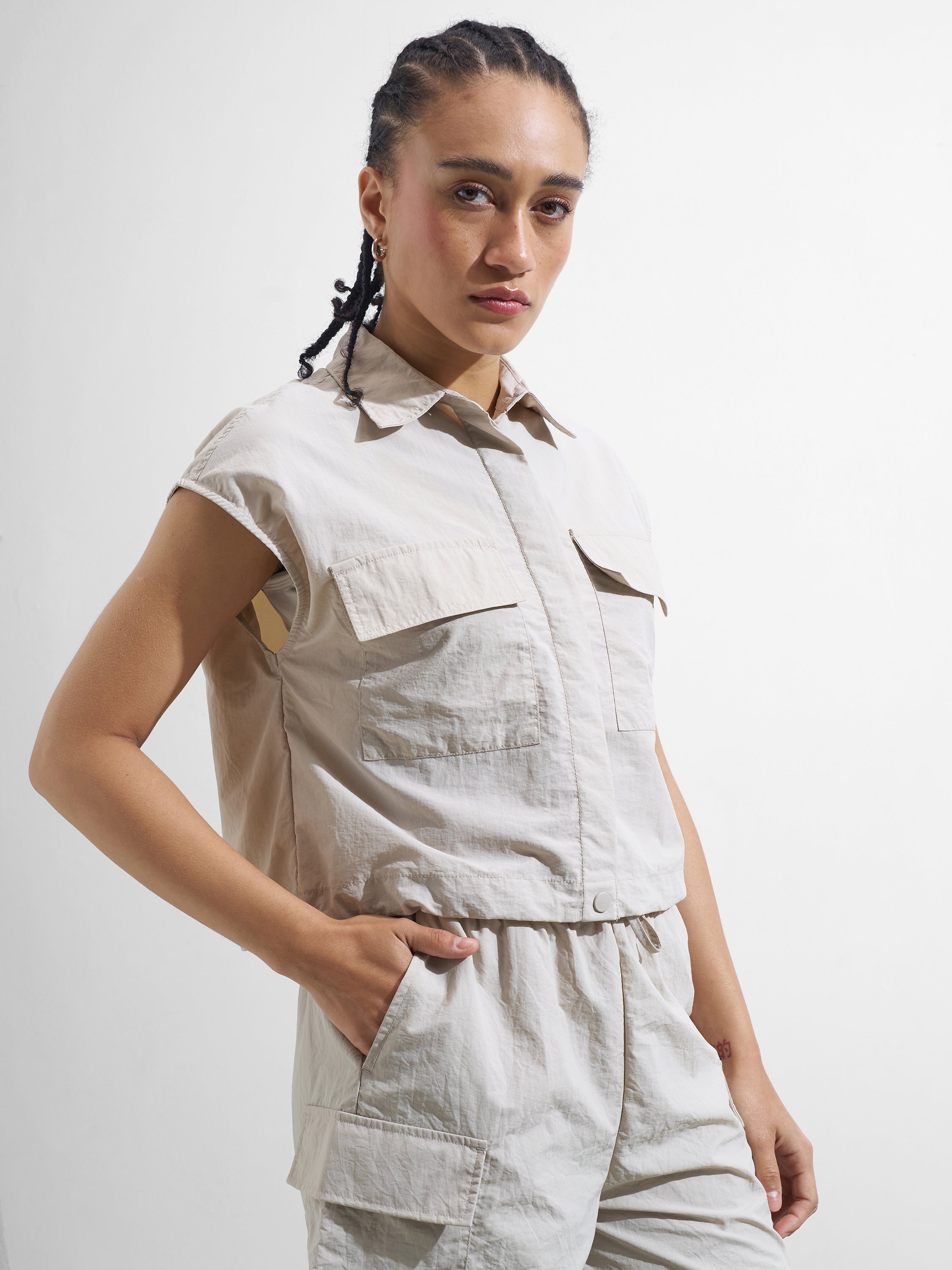 Street By Tokyo Talkies Women Beige Solid Shirt Style Top - Beige - Image 6