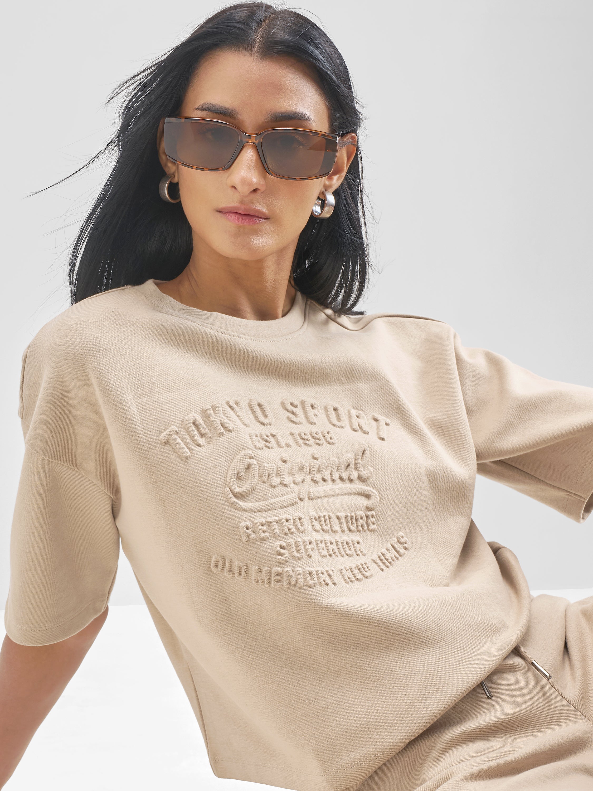 Tokyo Talkies Women Beige Self Design Regular Top - Beige - Image 1