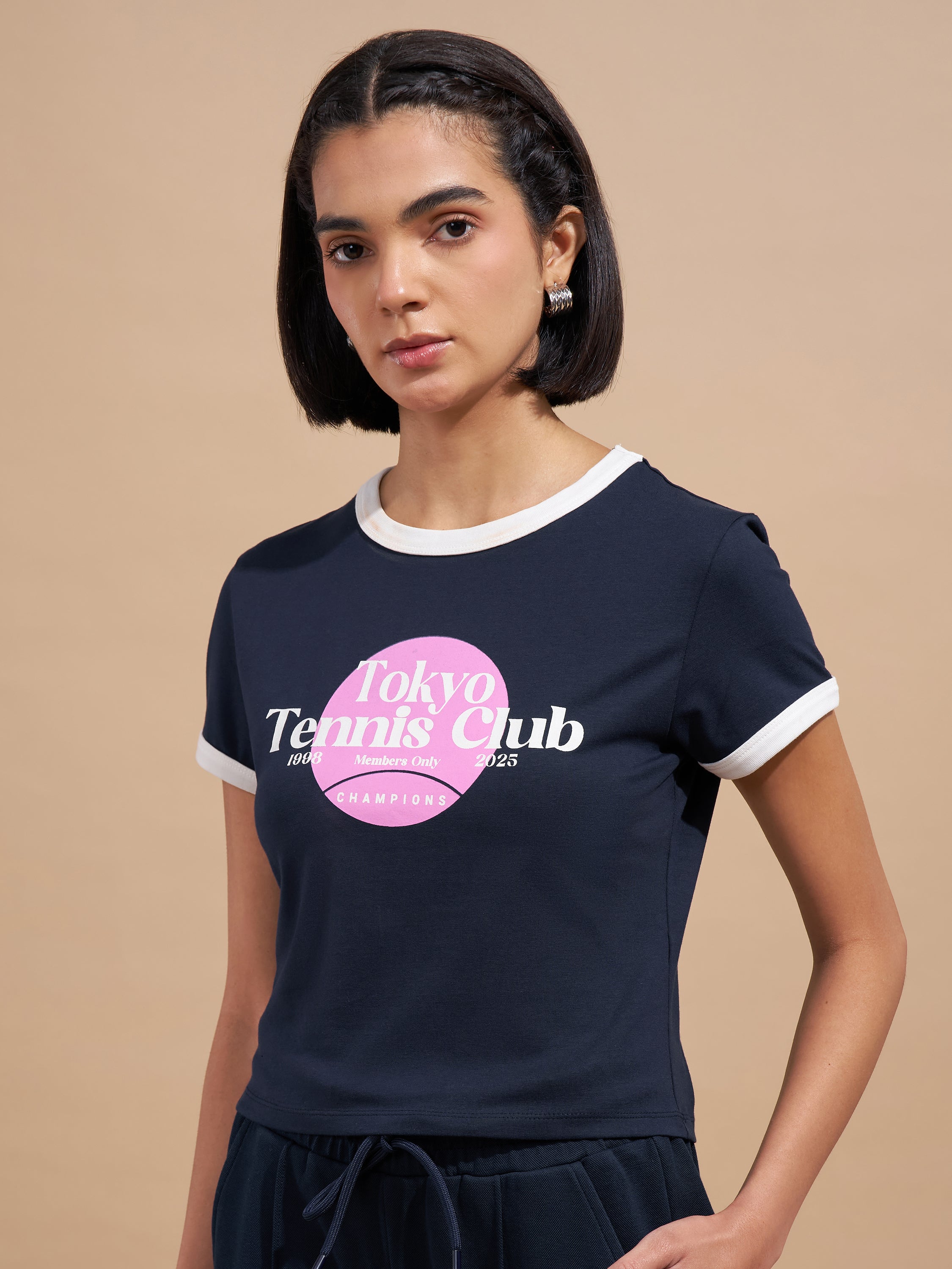 Tokyo Talkies Women Navy Blue Printed Regular Top
