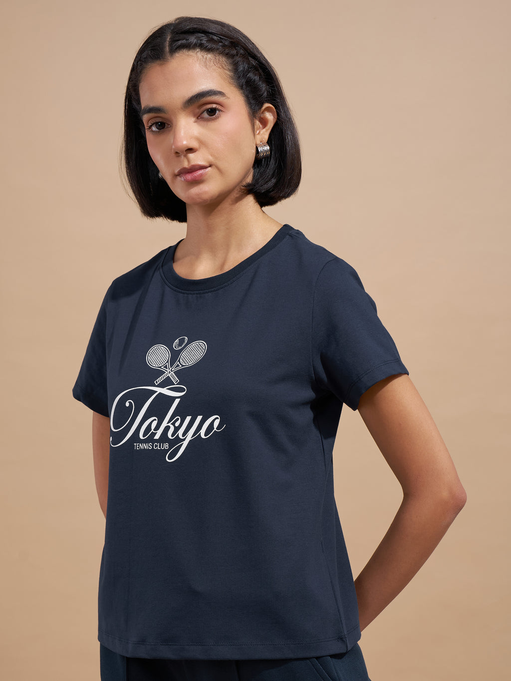 Tokyo Talkies Women Navy Blue Printed Regular Top