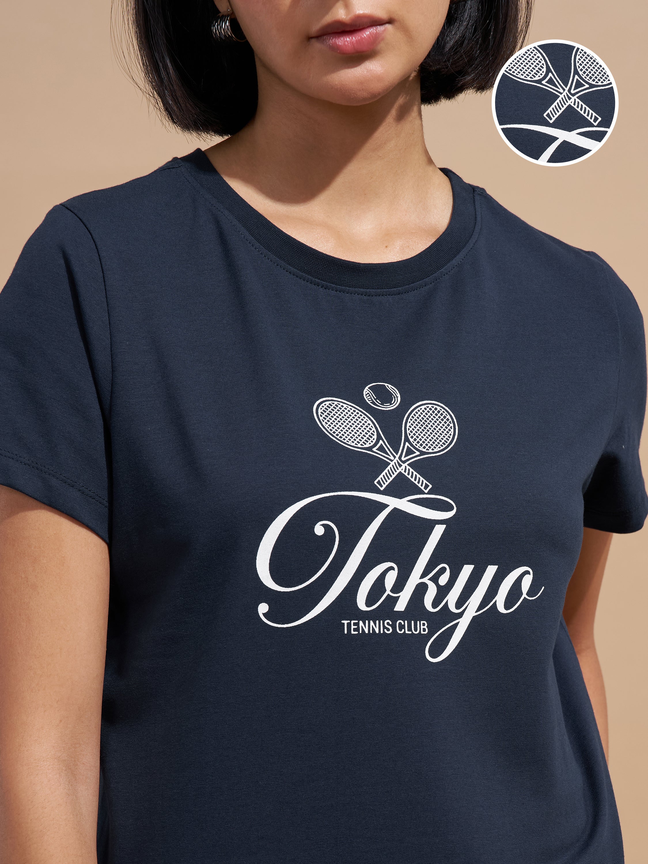 Tokyo Talkies Women Navy Blue Printed Regular Top