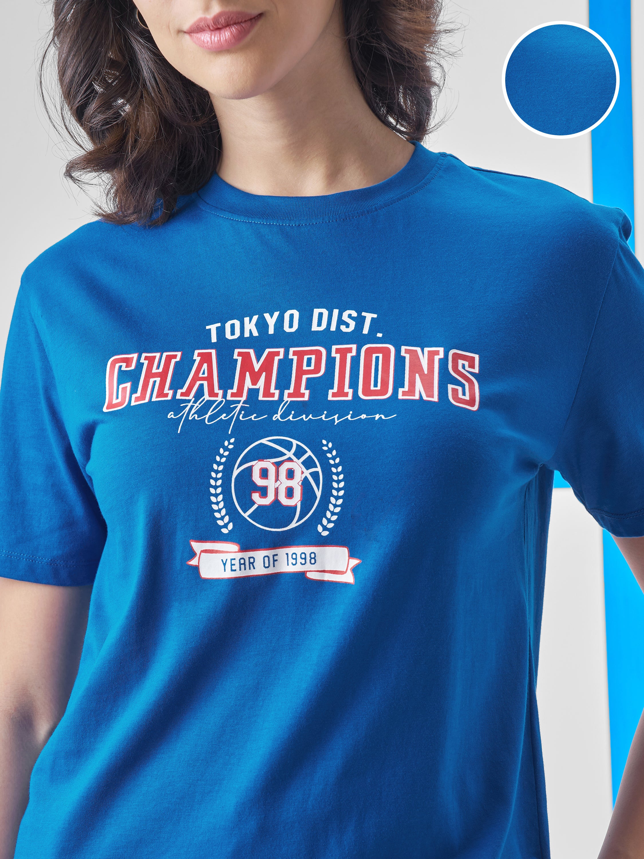 Street By Tokyo Talkies Women Blue Printed Round Neck T-Shirt - Blue - Image 5