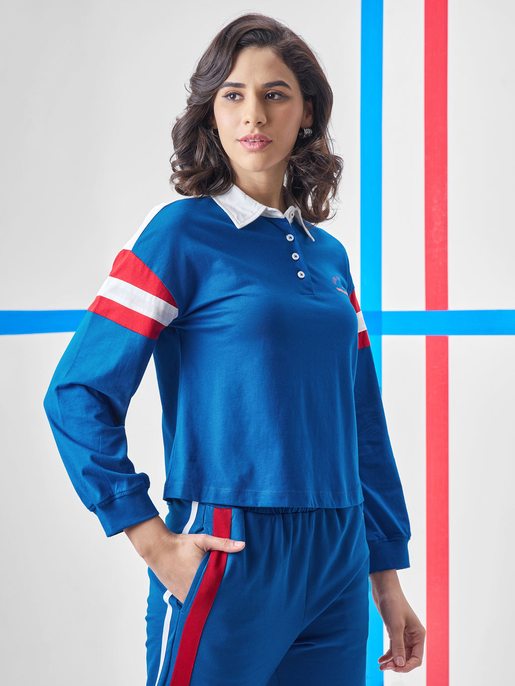 Tokyo Talkies Women Blue Printed Polo Collar T-Shirt - Blue - Image 6