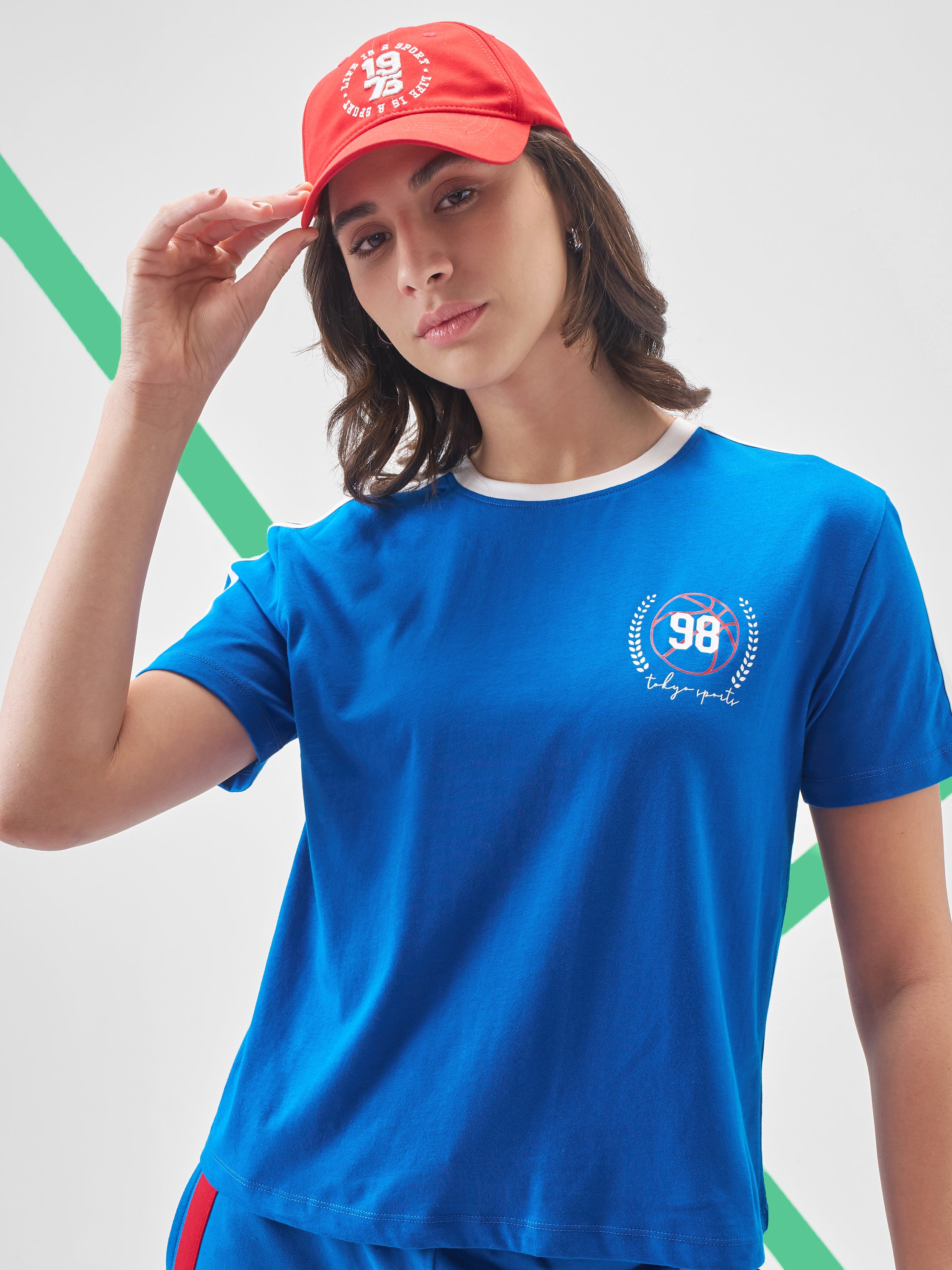 Street By Tokyo Talkies Women Blue Printed Round Neck Oversized Fit T-Shirt - Blue - Image 1