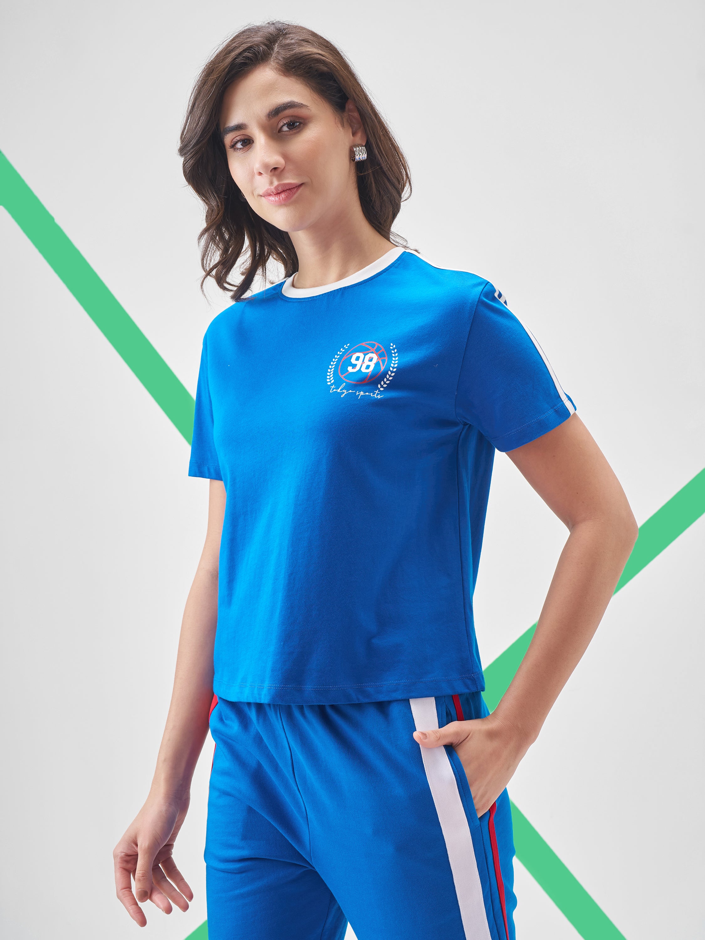 Street By Tokyo Talkies Women Blue Printed Round Neck Oversized Fit T-Shirt - Blue - Image 4