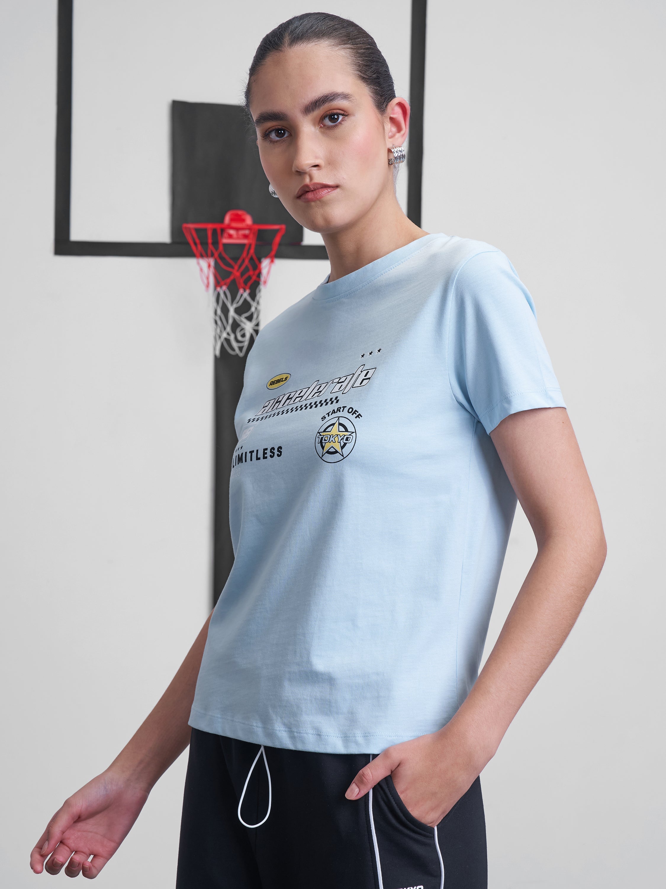 Street By Tokyo Talkies Women Blue Printed Round Neck T-Shirt - Blue - Image 4