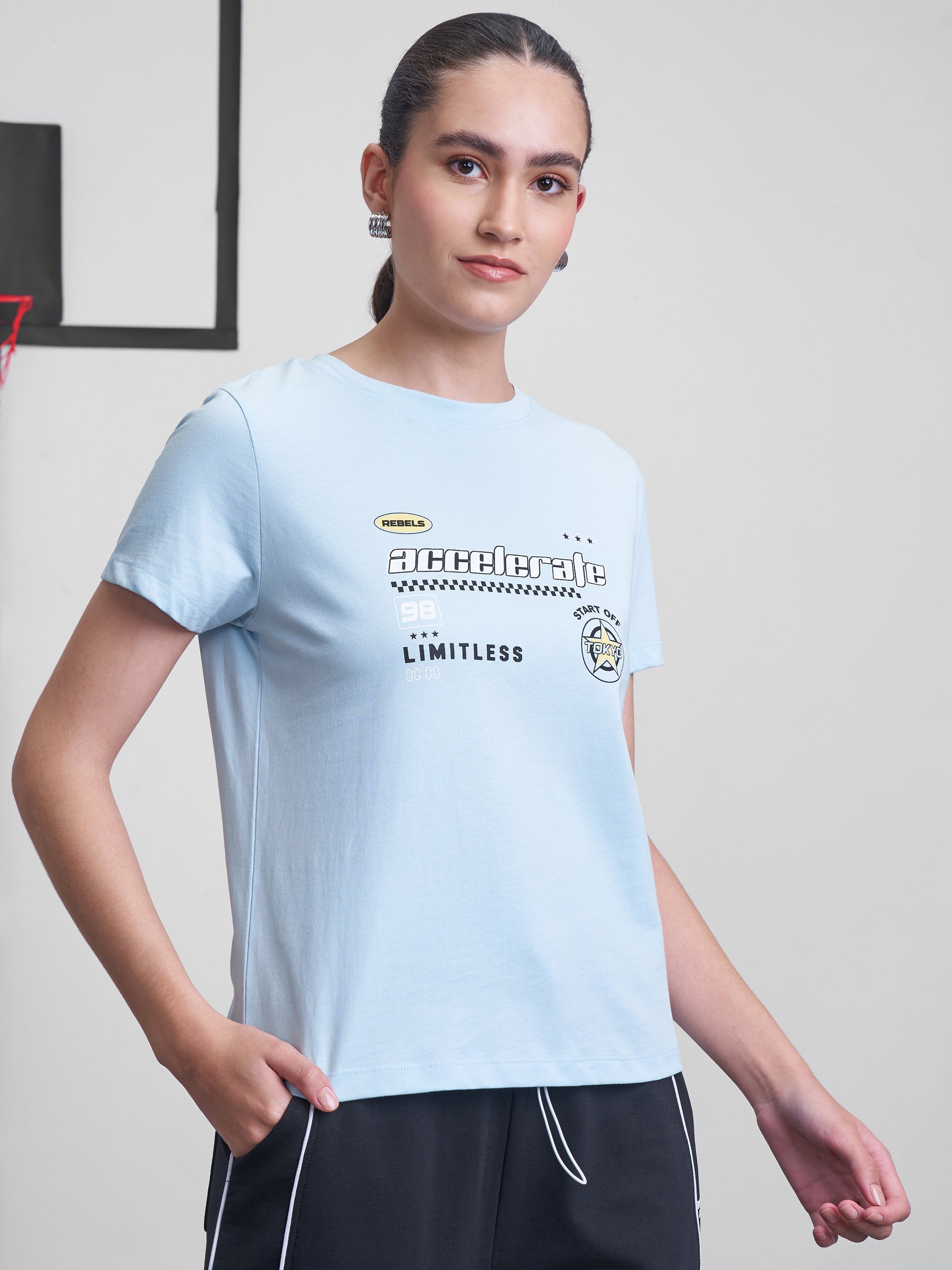 Street By Tokyo Talkies Women Blue Printed Round Neck T-Shirt - Blue - Image 6