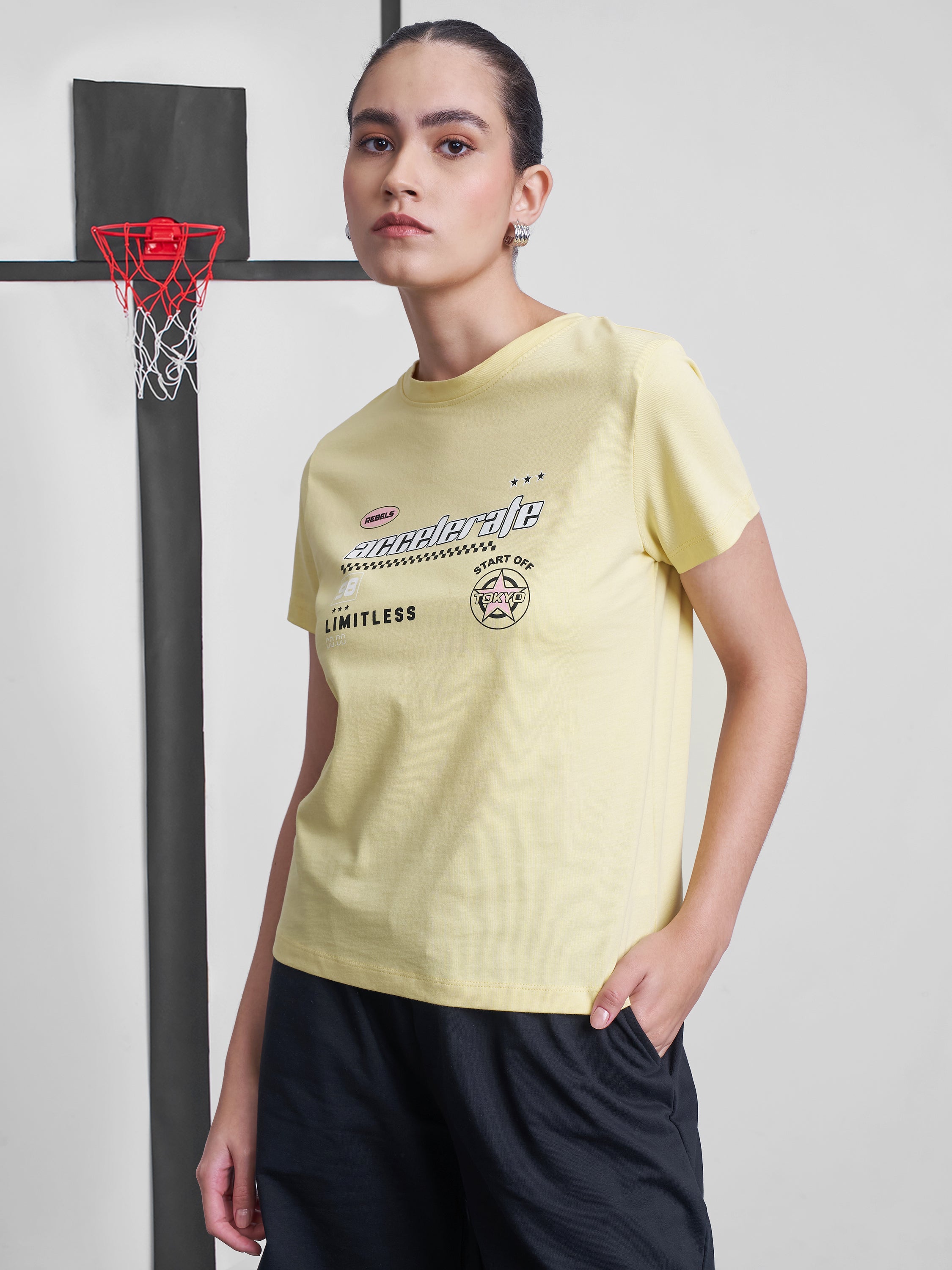 Street By Tokyo Talkies Women Yellow Printed Round Neck T-Shirt - Yellow - Image 4