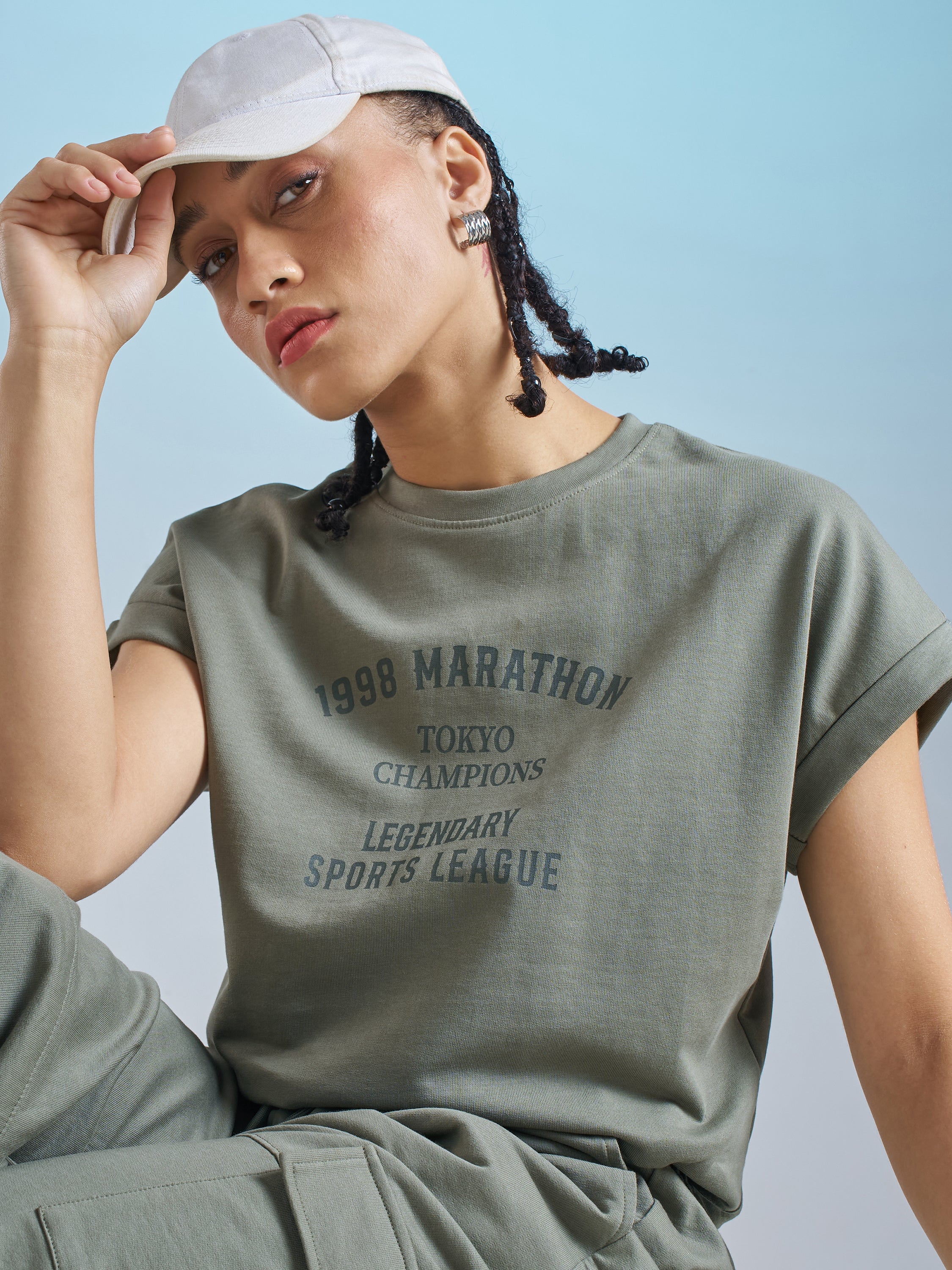 Street By Tokyo Talkies Women Olive Printed Round Neck T-Shirt - Olive - Image 1