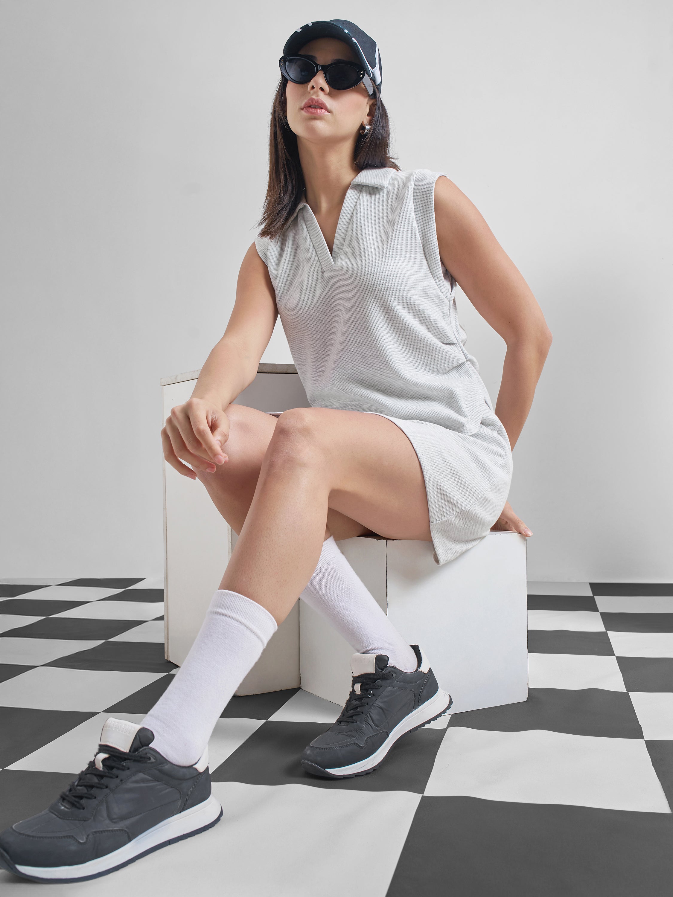 Street By Tokyo Talkies Women Grey Solid Polo Collar Oversized Fit T-Shirt - Grey - Image 2