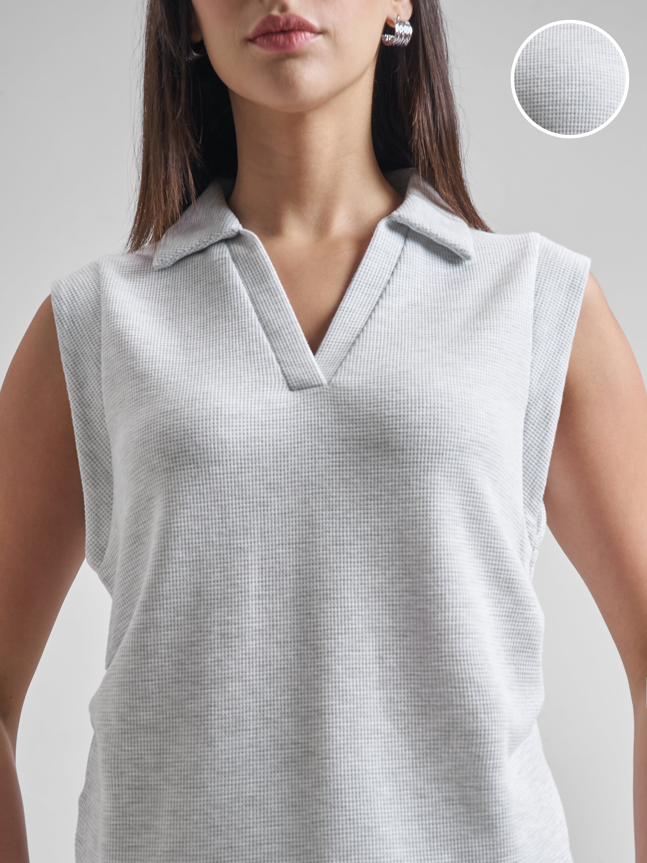 Street By Tokyo Talkies Women Grey Solid Polo Collar Oversized Fit T-Shirt - Grey - Image 5