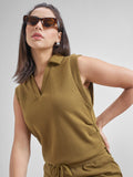 Street By Tokyo Talkies Women Brown Solid Polo Collar Oversized Fit T-Shirt - Brown - Image 1