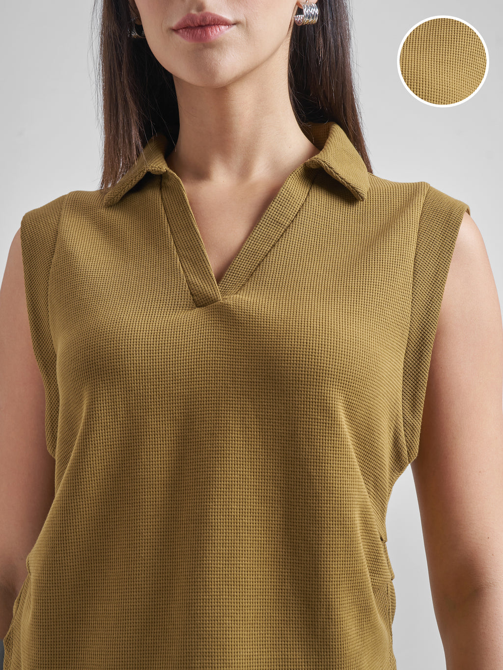 Street By Tokyo Talkies Women Brown Solid Polo Collar Oversized Fit T-Shirt - Brown - Image 5