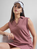 Street By Tokyo Talkies Women Purple Solid Polo Collar Oversized Fit T-Shirt - Purple - Image 1