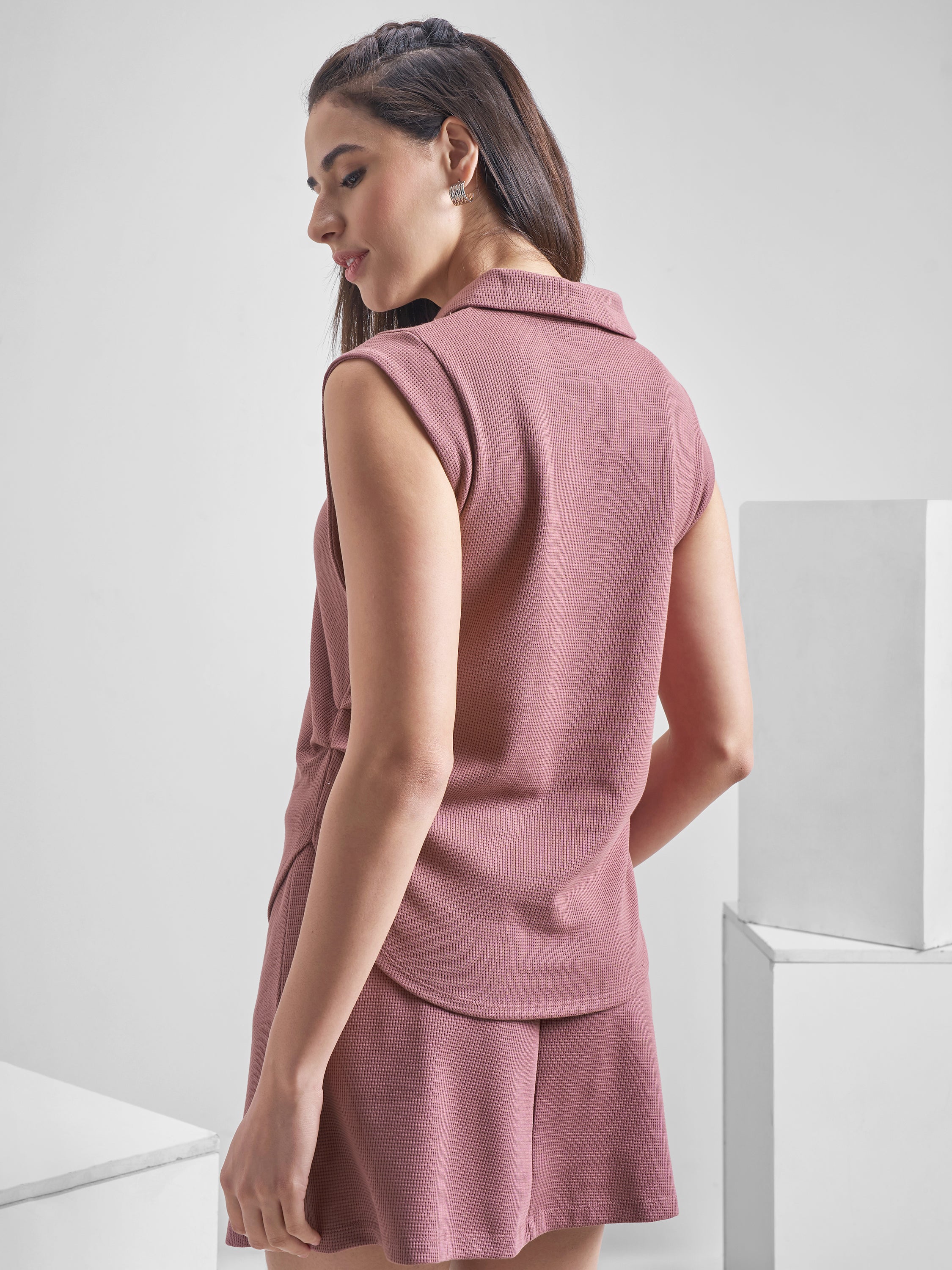 Street By Tokyo Talkies Women Purple Solid Polo Collar Oversized Fit T-Shirt - Purple - Image 3