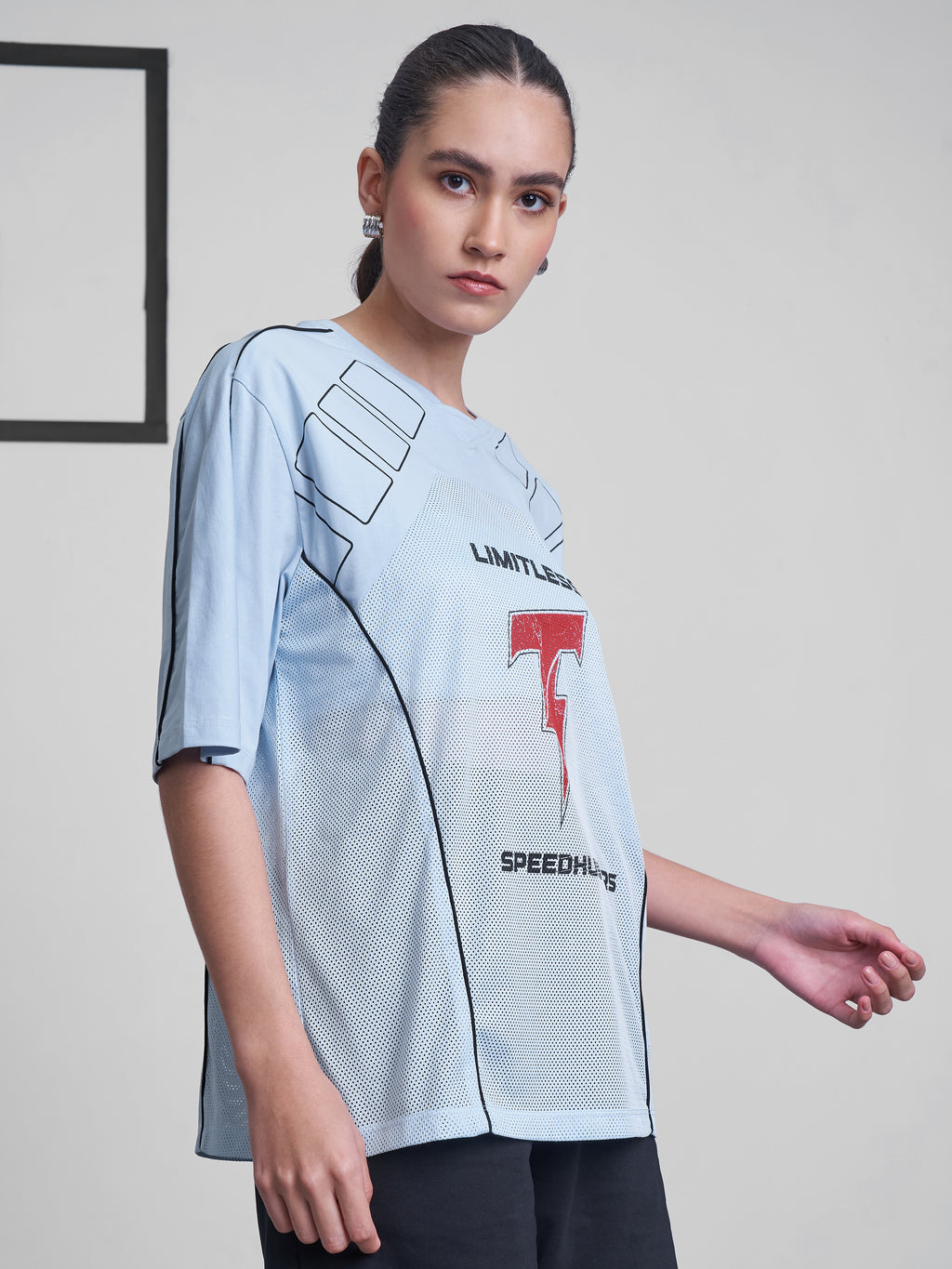 Street By Tokyo Talkies Women Blue Printed Round Neck Oversized Fit T-Shirt - Blue - Image 6