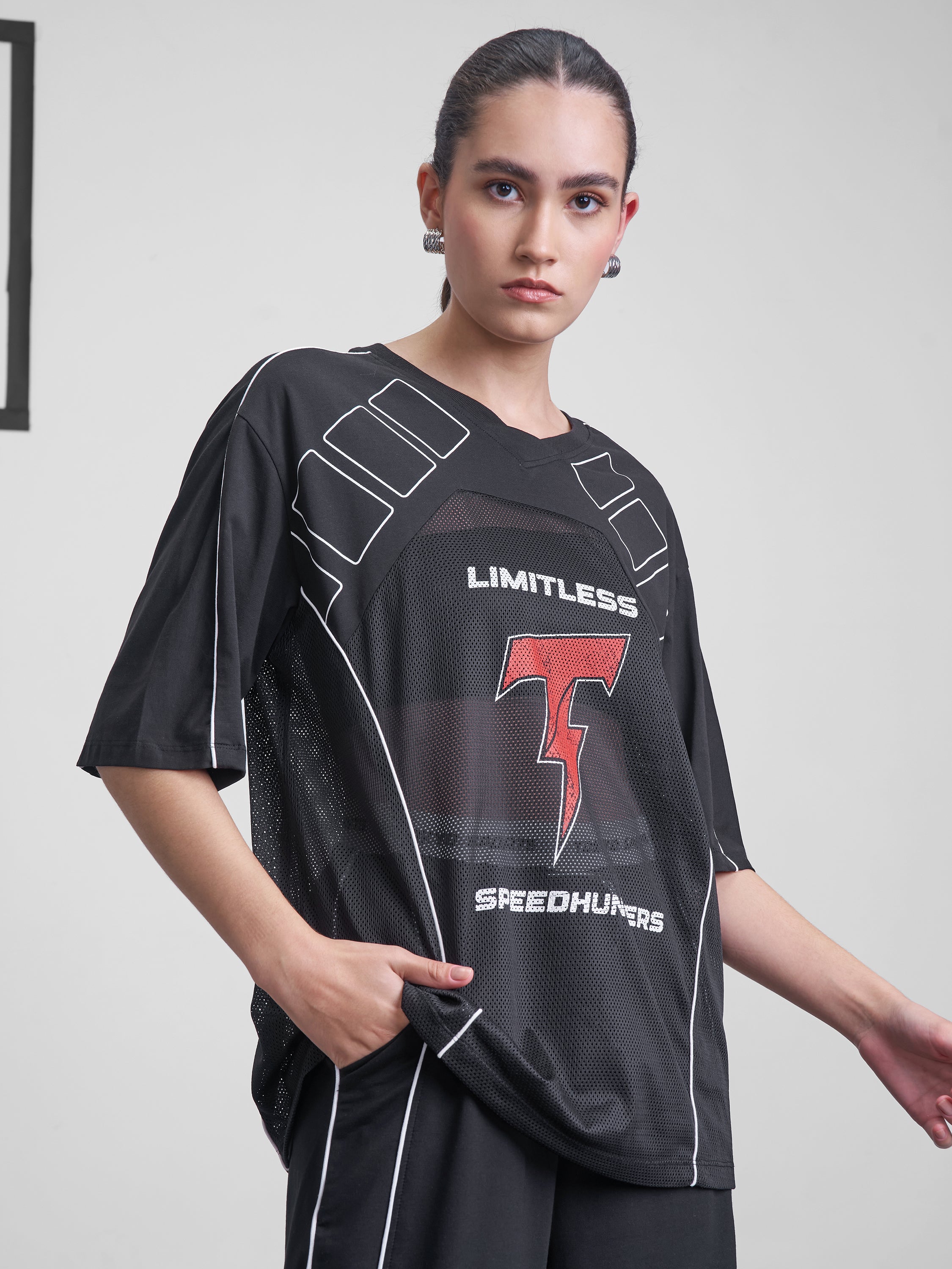 Street By Tokyo Talkies Women Black Printed Round Neck Oversized Fit T-Shirt - Black - Image 6