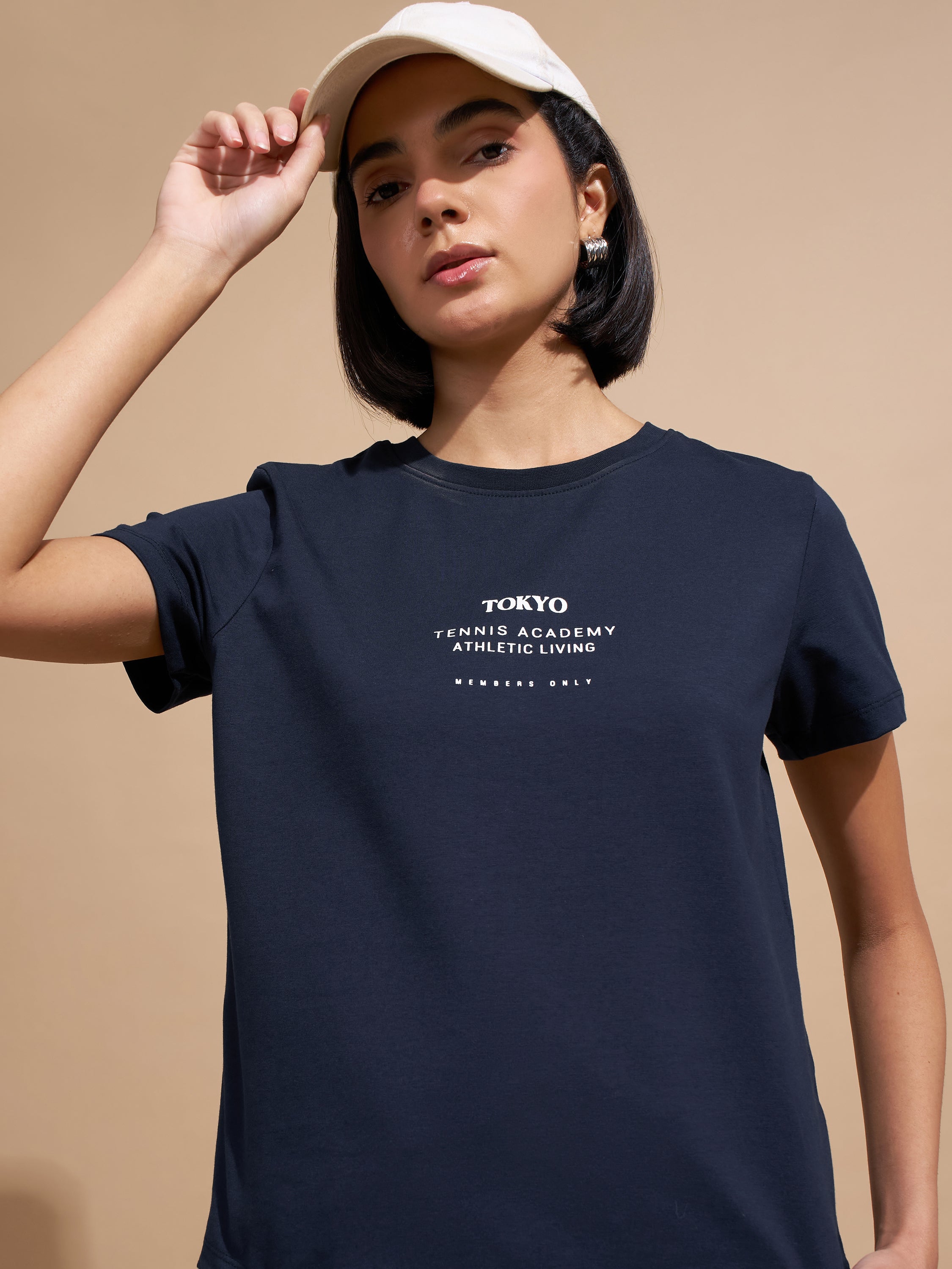 Tokyo Talkies Women Navy Blue Printed Round Neck T-Shirts