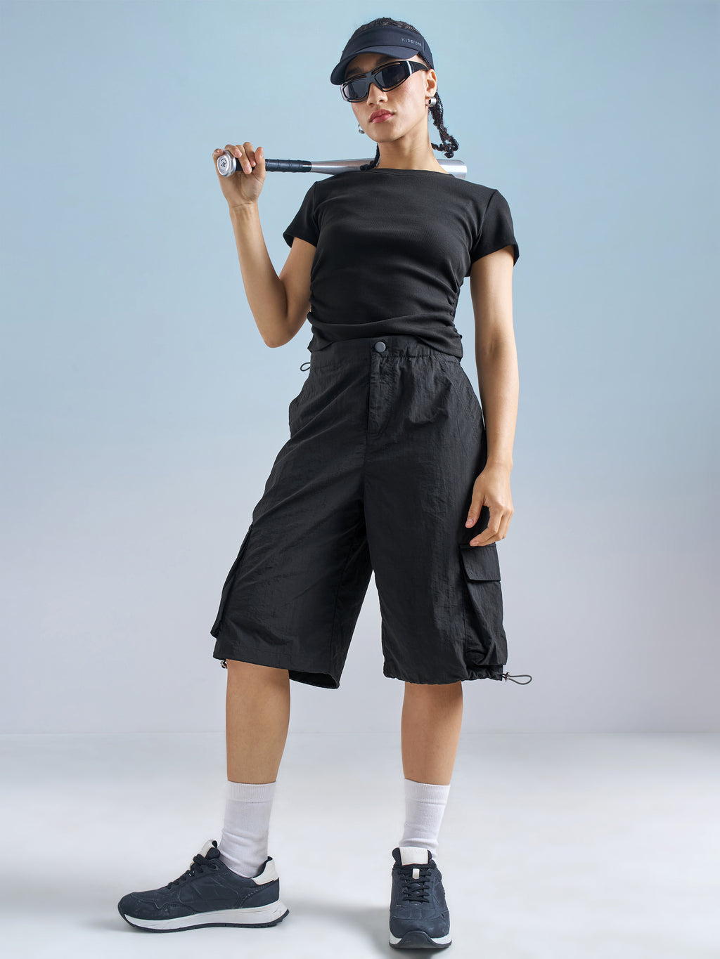 Street By Tokyo Talkies Women Black Relaxed Fit Cargo Shorts - Black - Image 2