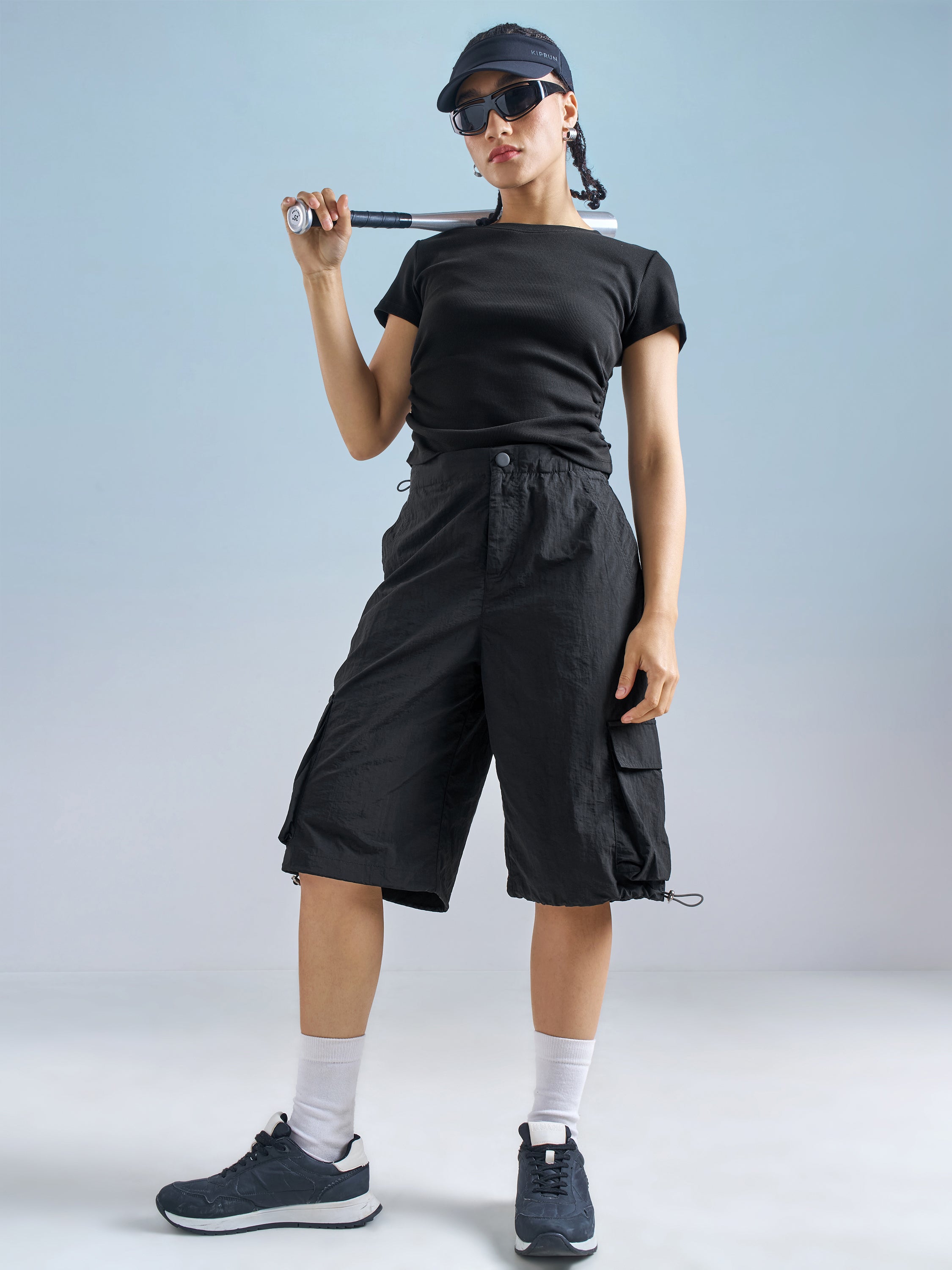 Street By Tokyo Talkies Women Black Relaxed Fit Cargo Shorts - Black - Image 2