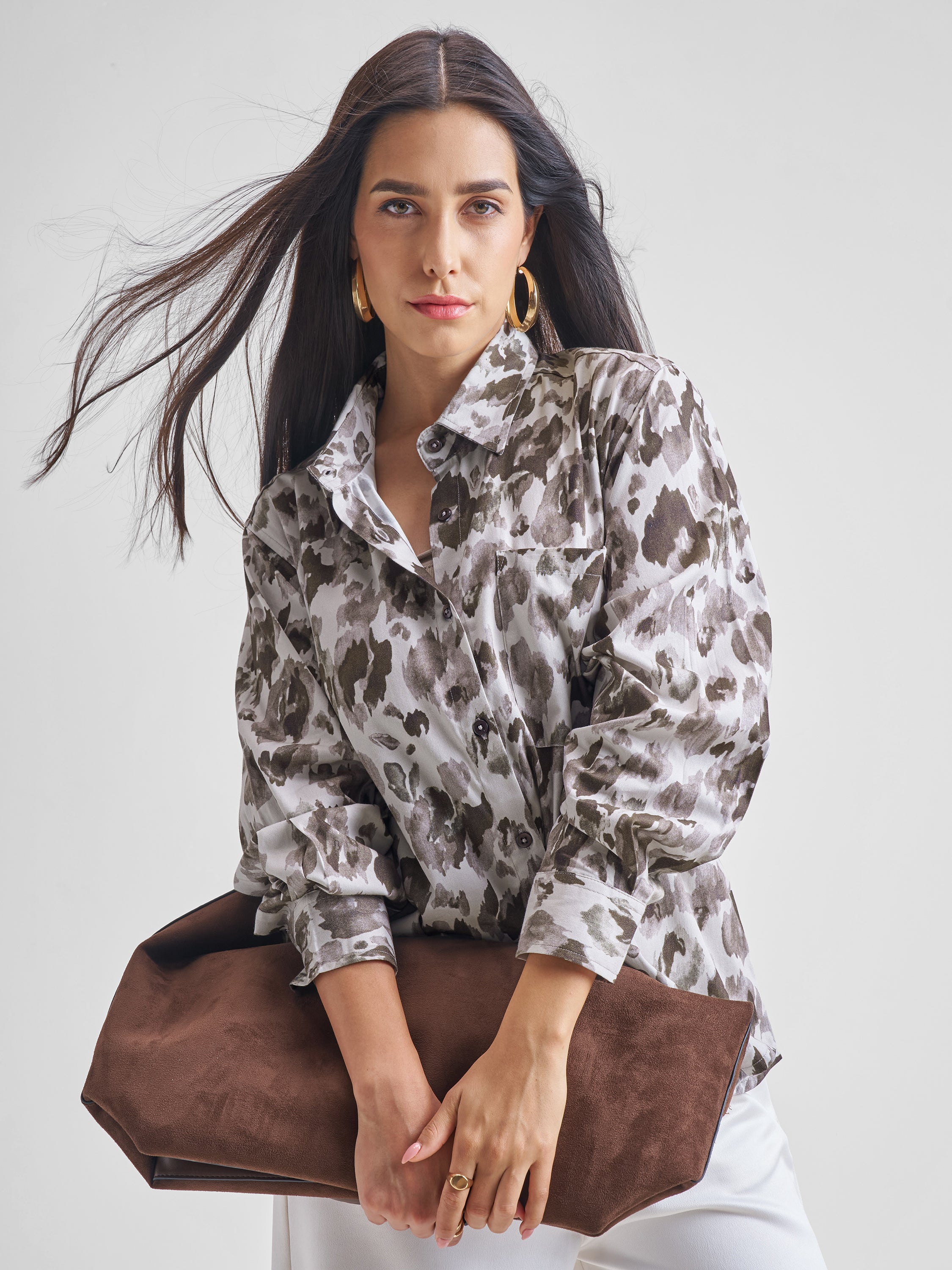 Tokyo Talkies Women Brown Printed Casual Shirt - Brown - Image 1