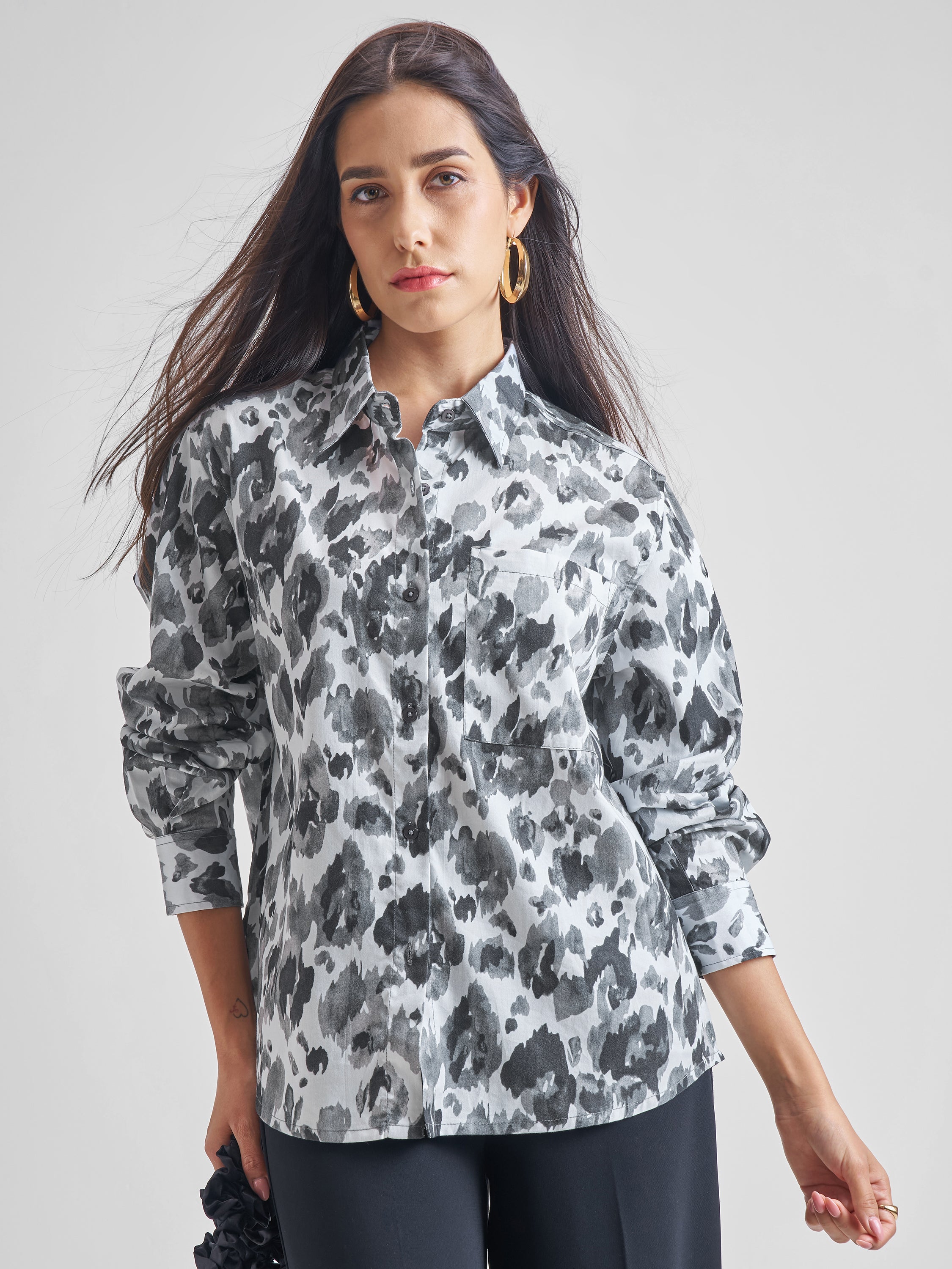 Tokyo Talkies Women Grey Printed Casual Shirt - Grey - Image 1