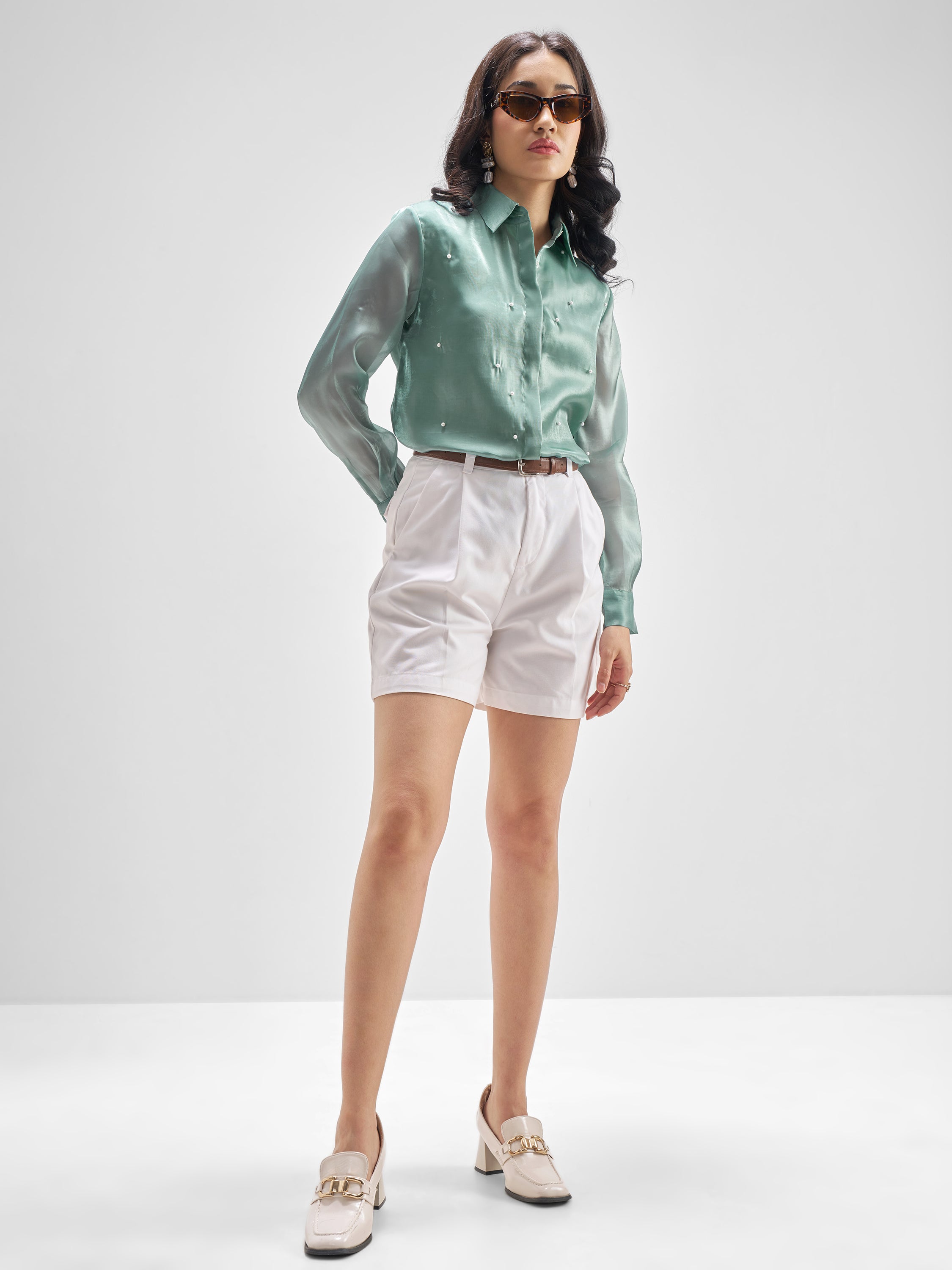 Tokyo Talkies Women Green Solid Casual Shirt - Green - Image 2