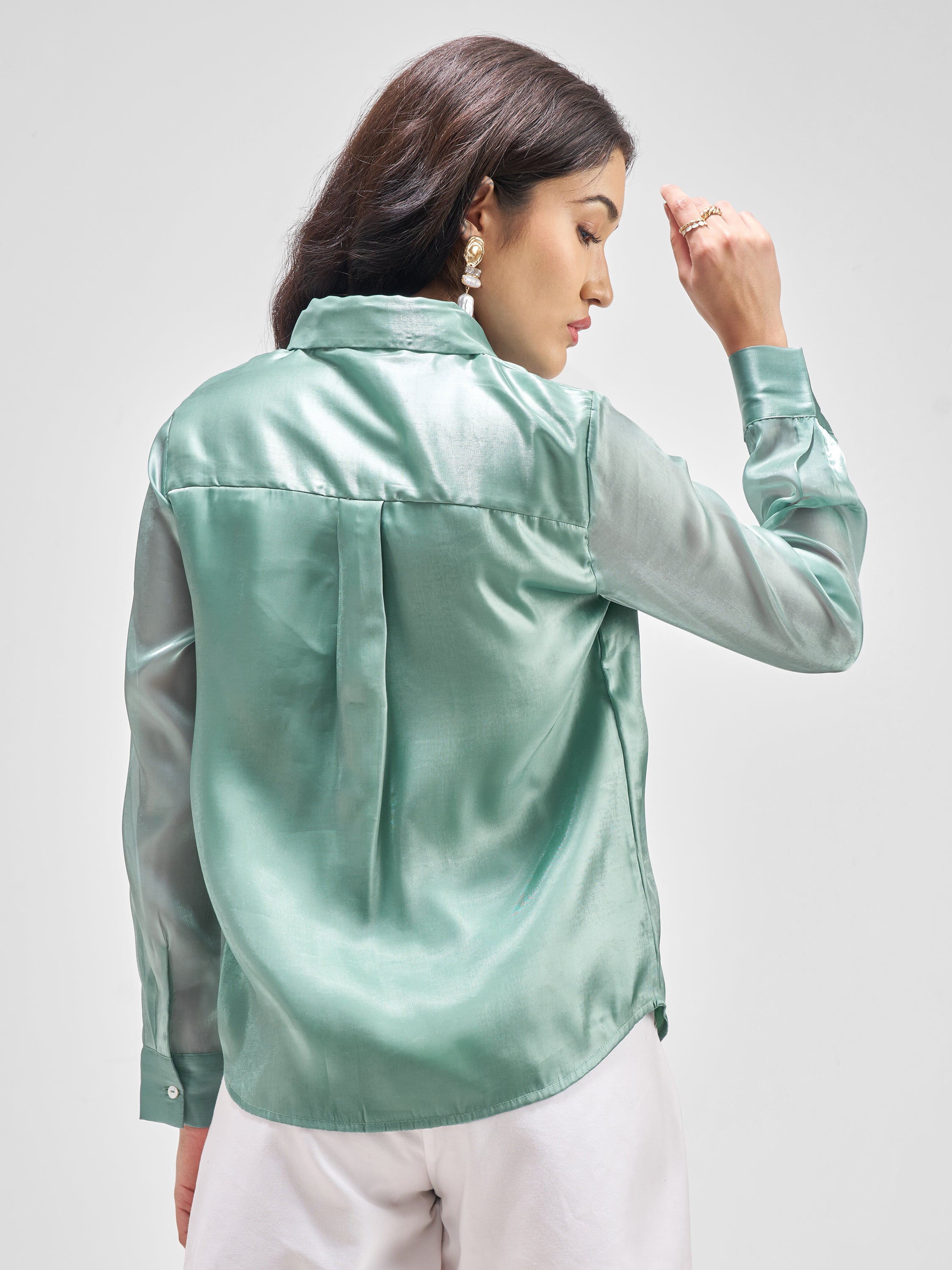 Tokyo Talkies Women Green Solid Casual Shirt - Green - Image 3