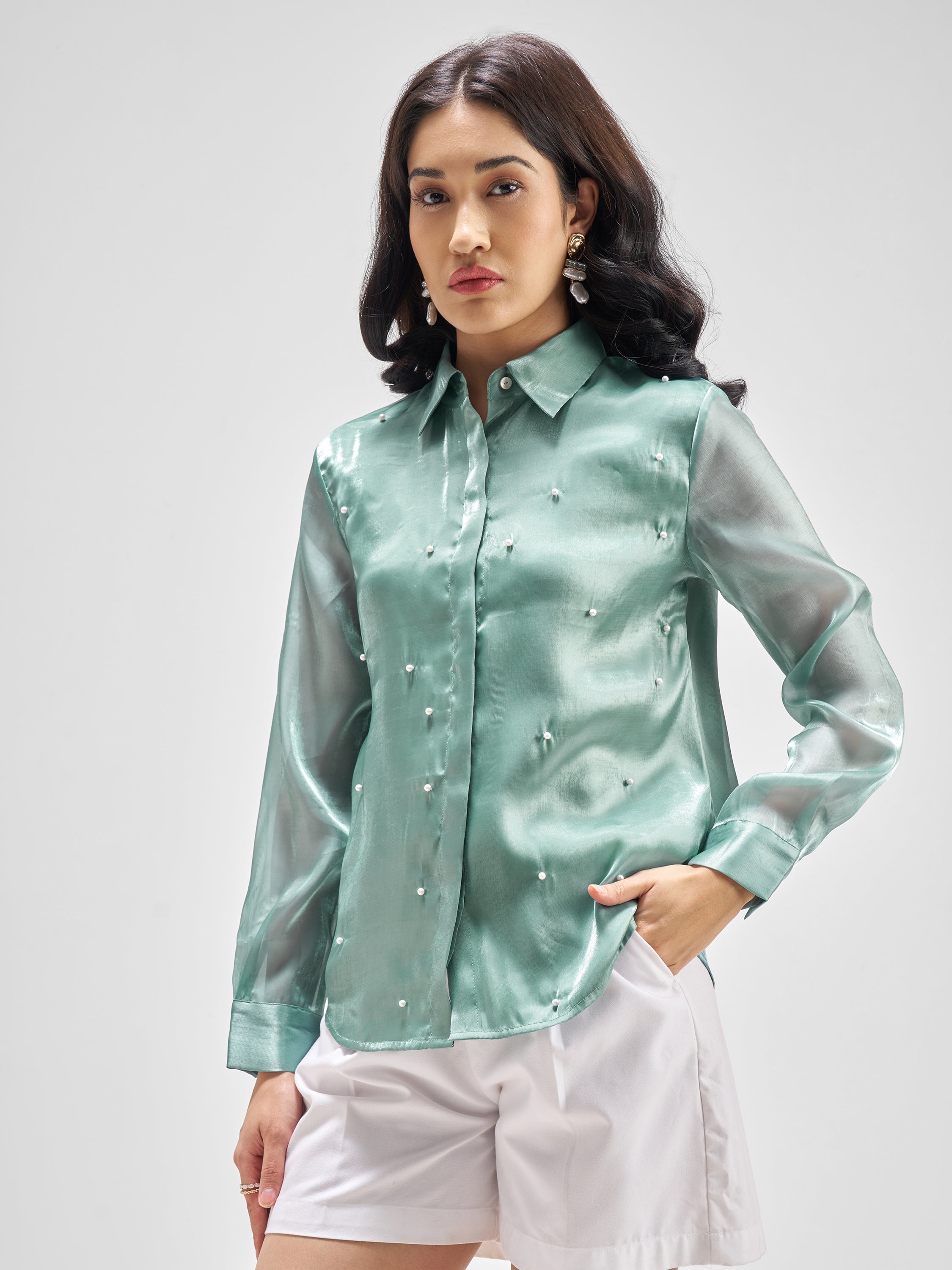 Tokyo Talkies Women Green Solid Casual Shirt - Green - Image 4
