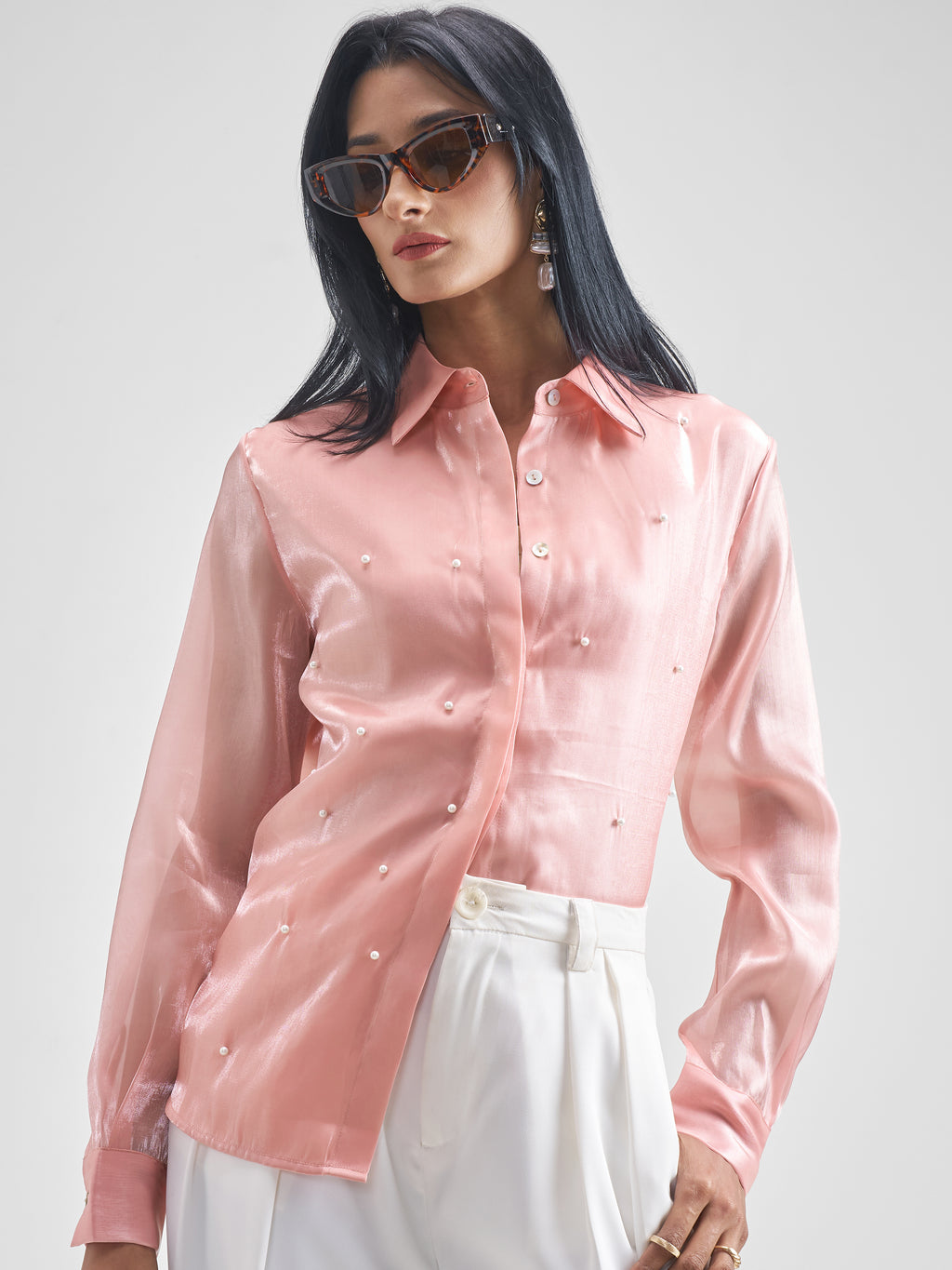 Chic By Tokyo Talkies Women Pink Solid Casual Shirt - Pink - Image 1