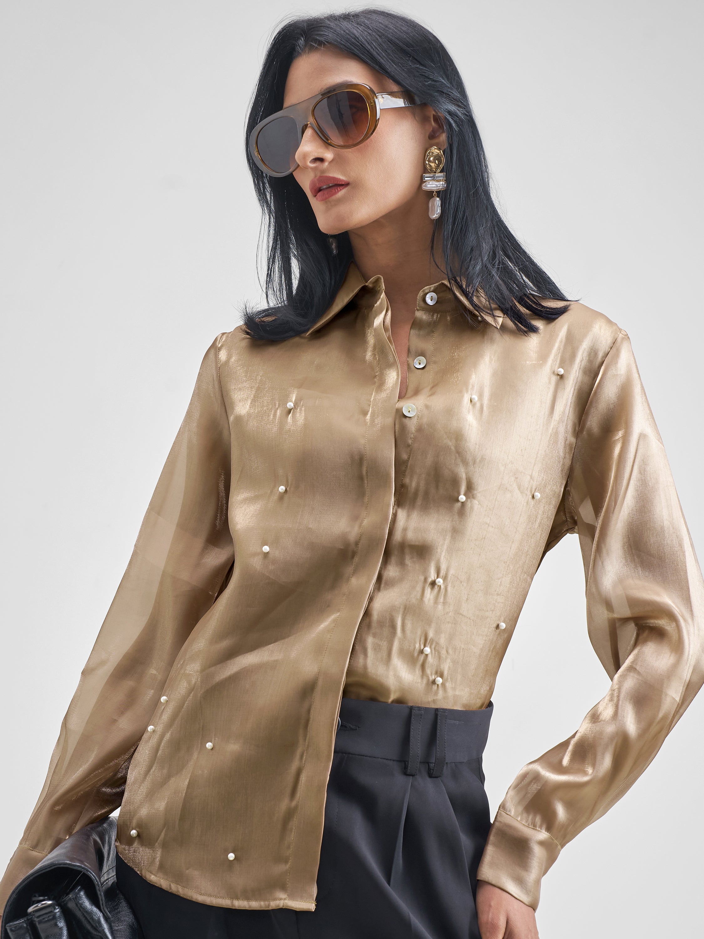 Chic By Tokyo Talkies Women Khaki Solid Casual Shirt - Khaki - Image 1