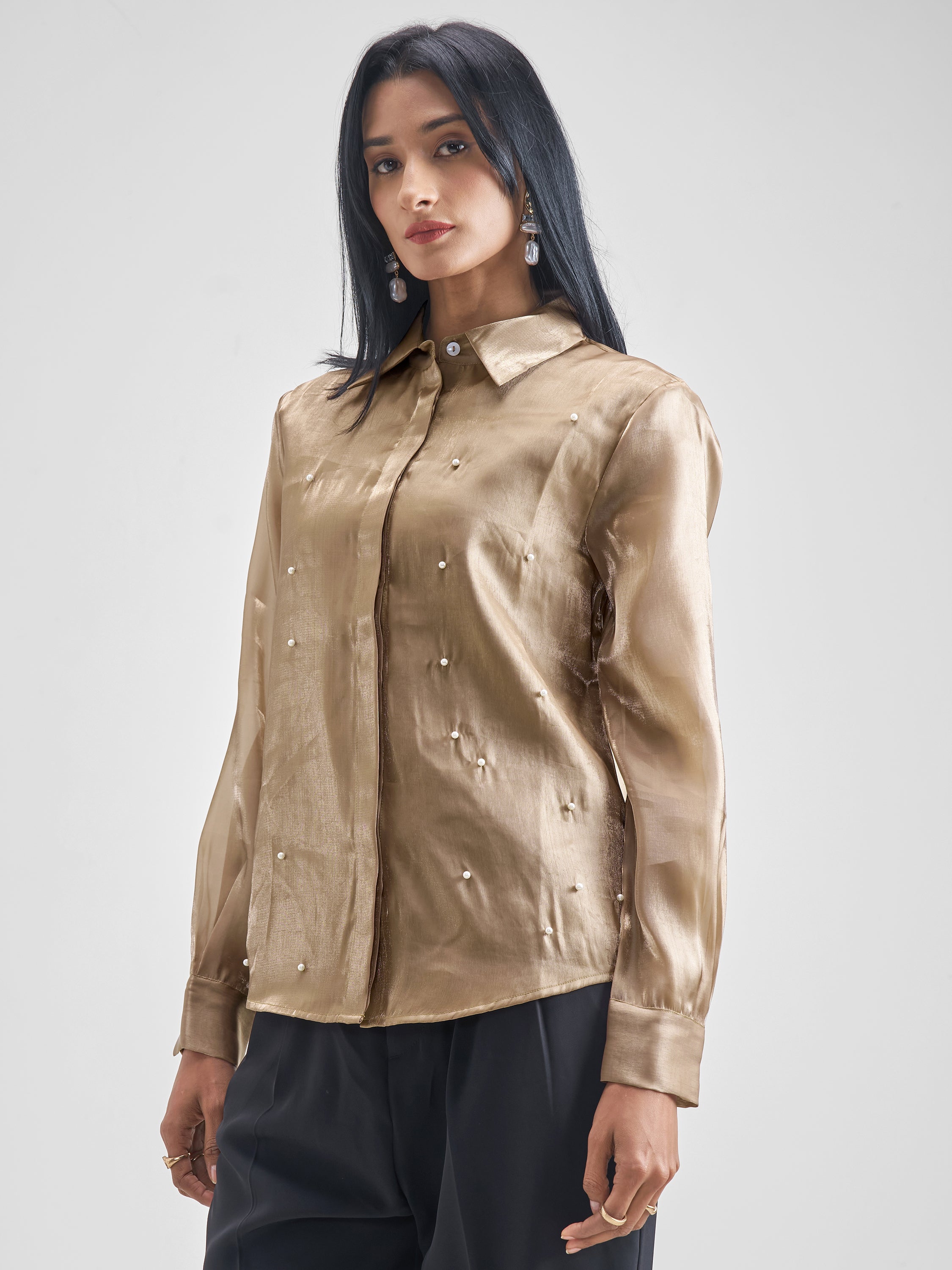 Chic By Tokyo Talkies Women Khaki Solid Casual Shirt - Khaki - Image 4