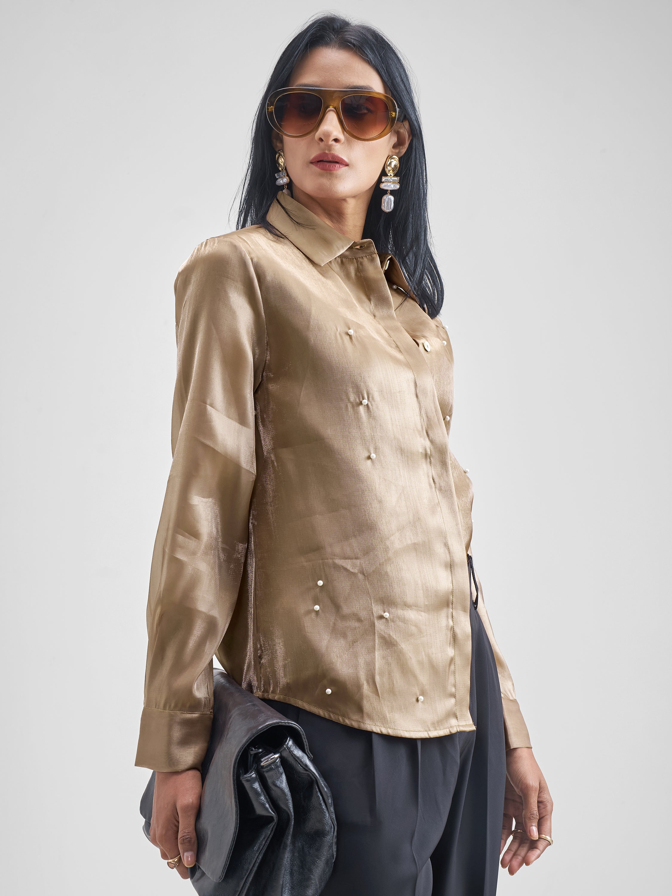 Chic By Tokyo Talkies Women Khaki Solid Casual Shirt - Khaki - Image 6