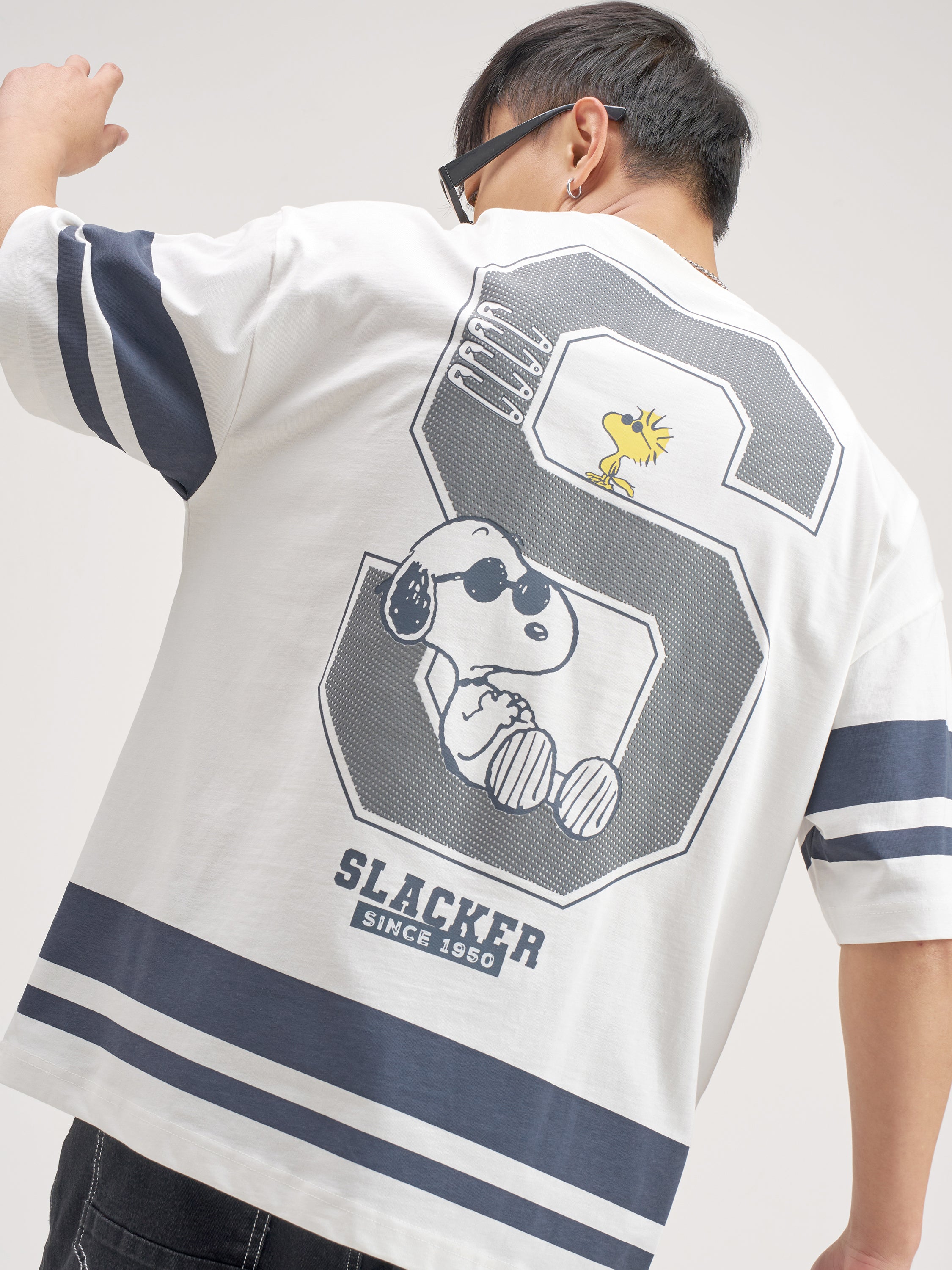 Highlander Men White Peanuts Printed Round Neck Oversized Fit T-Shirt - White - Image 1