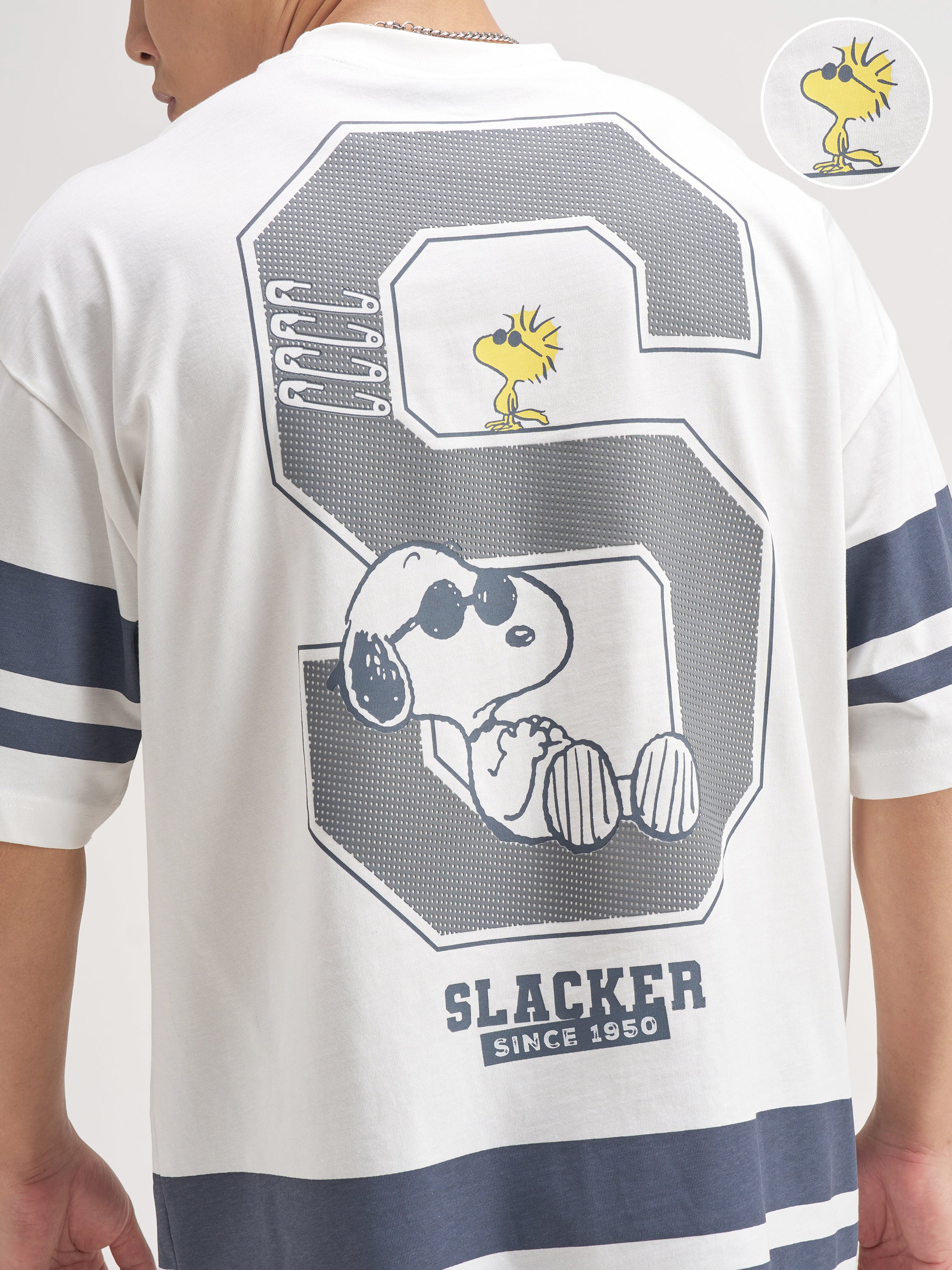 Highlander Men White Peanuts Printed Round Neck Oversized Fit T-Shirt - White - Image 5
