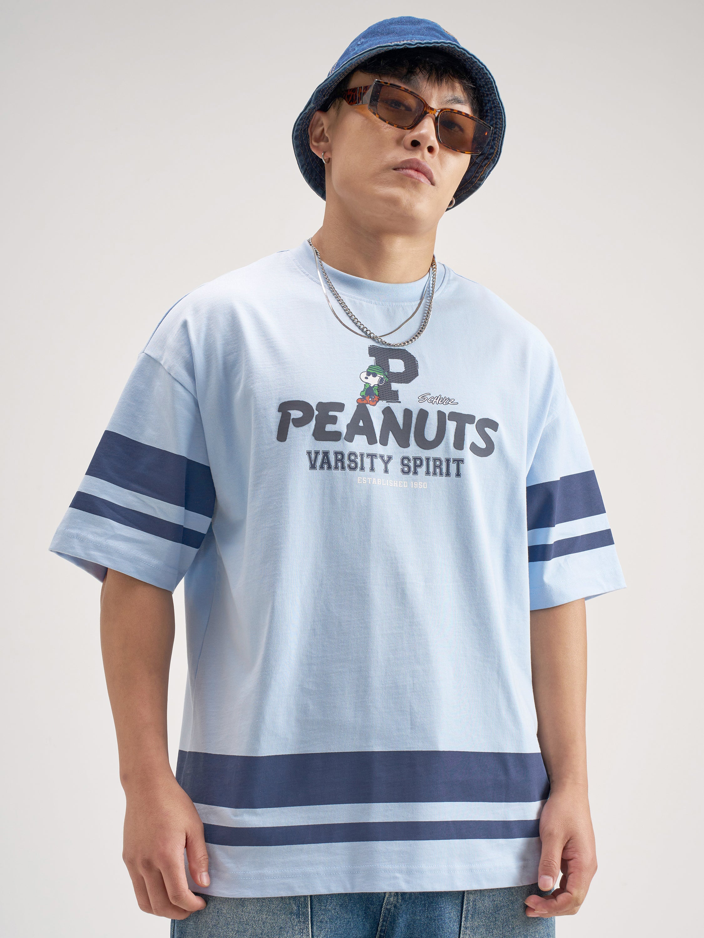 Highlander Men Blue Peanuts Printed Round Neck Oversized Fit T-Shirt - Blue - Image 3