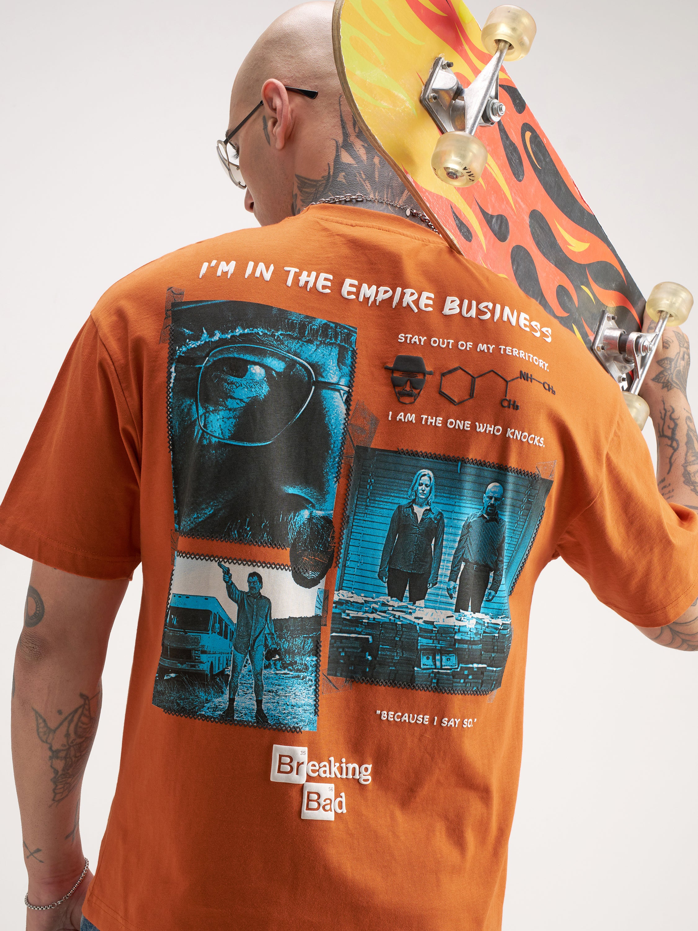 Highlander Men Orange Breaking Bad Printed Round Neck Oversized Fit T-Shirt - Orange - Image 1